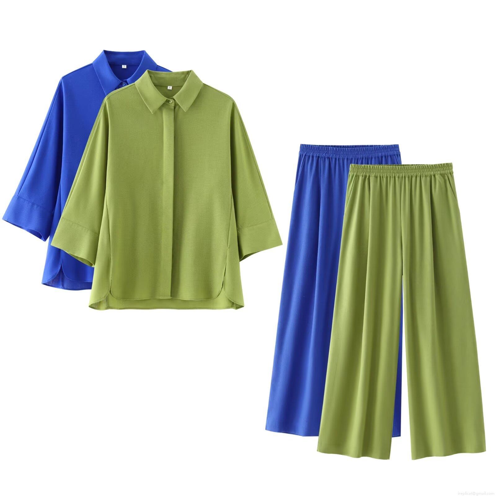Women's 2 Piece Outfits Casual Loose Long Sleeve Button Down Shirt And Wide Leg Pants Set Solid Color Polyester Streetwear Loungewear Sets For Women Women's 2 Piece Outfits Casual Loose Long Sleeve Button Down Shirt And Wide Leg Pants Set Solid Color Polyester Streetwear Loungewear Sets For Women