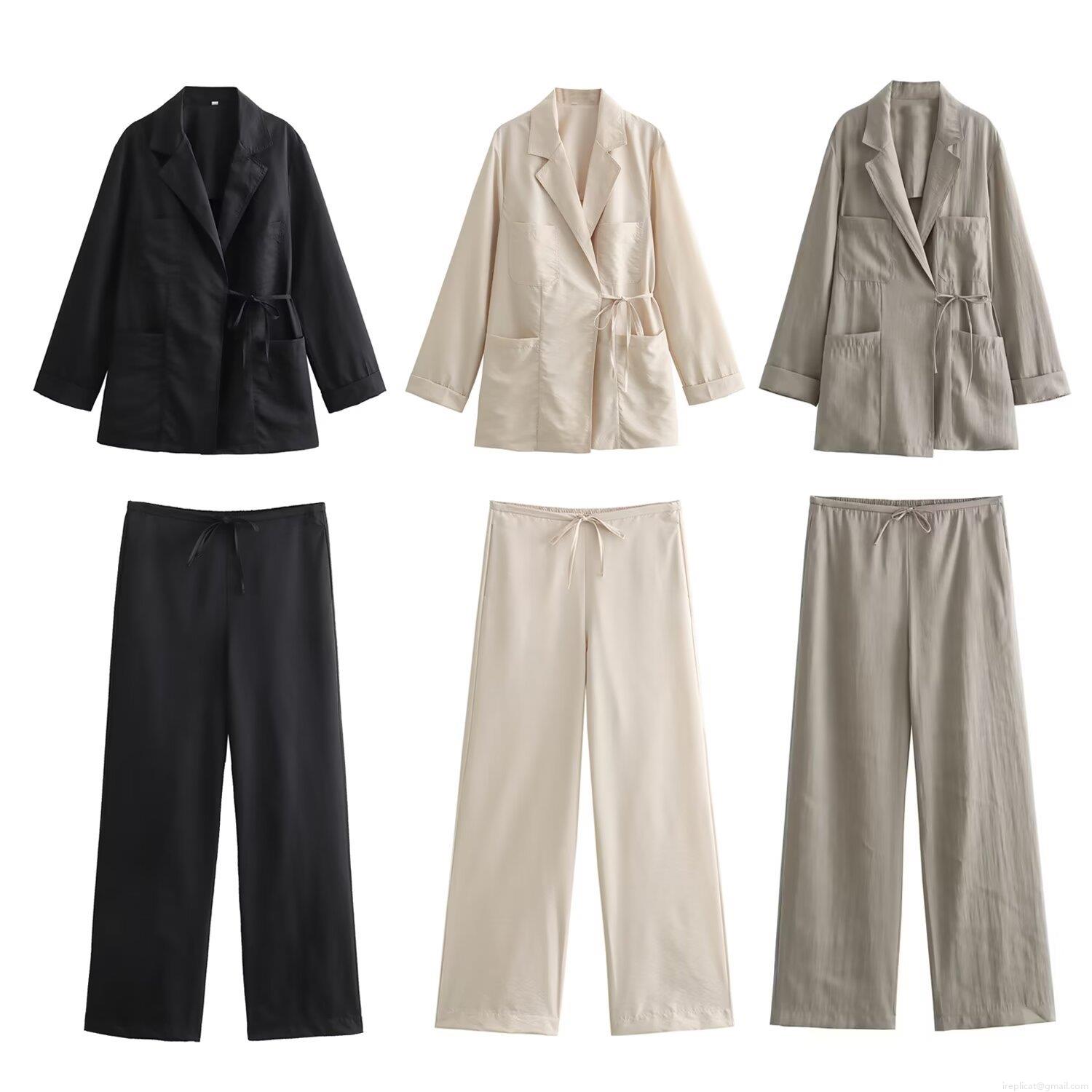 Women Minimalist 2 Piece Pants Set Double Breasted Drape Jacket Top And High Waist Straight Leg Trousers Polyester Urban Office Casual Suit Women Minimalist 2 Piece Pants Set Double Breasted Drape Jacket Top And High Waist Straight Leg Trousers Polyester Urban Office Casual Suit