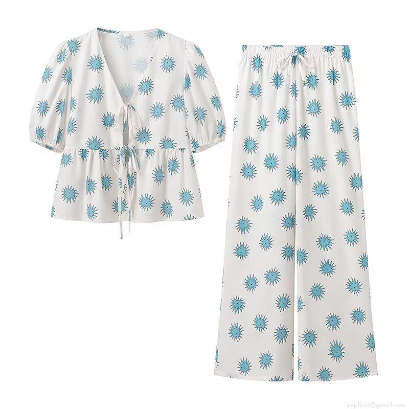 Women's Casual Pajama Set V-Neck Tie Front Short Sleeve Top and Wide Leg Long Pants Two Piece Loungewear Polyester Sun Star Print Summer Streetwear
