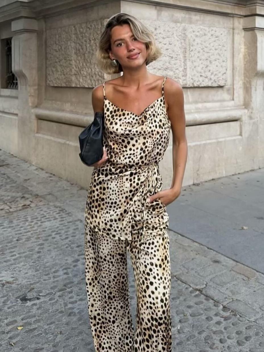 Women Sexy Leopard Print Two Piece Set Satin Cowl Neck Camisole Top And High Waist Wide Leg Pants Streetwear Outfits Women Sexy Leopard Print Two Piece Set Satin Cowl Neck Camisole Top And High Waist Wide Leg Pants Streetwear Outfits