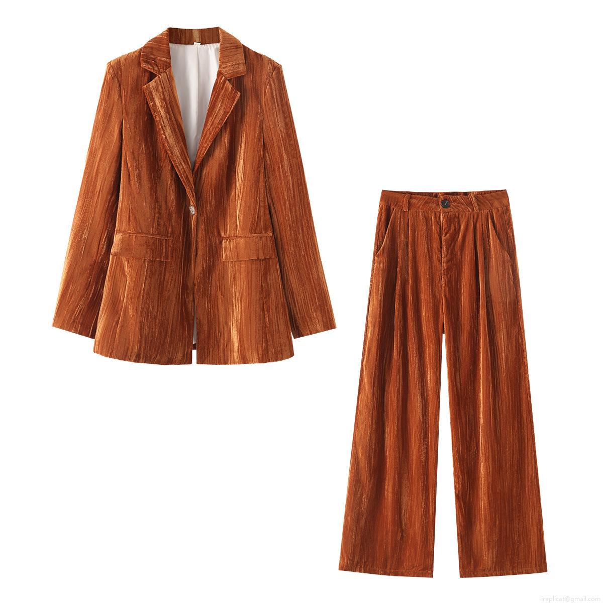 Women's 2 Piece Blazer Pants Set Pleated Velvet Long Sleeve Single Breasted Jacket High Waisted Wide Leg Trousers Elegant Office Lady Street Fashion Outfits