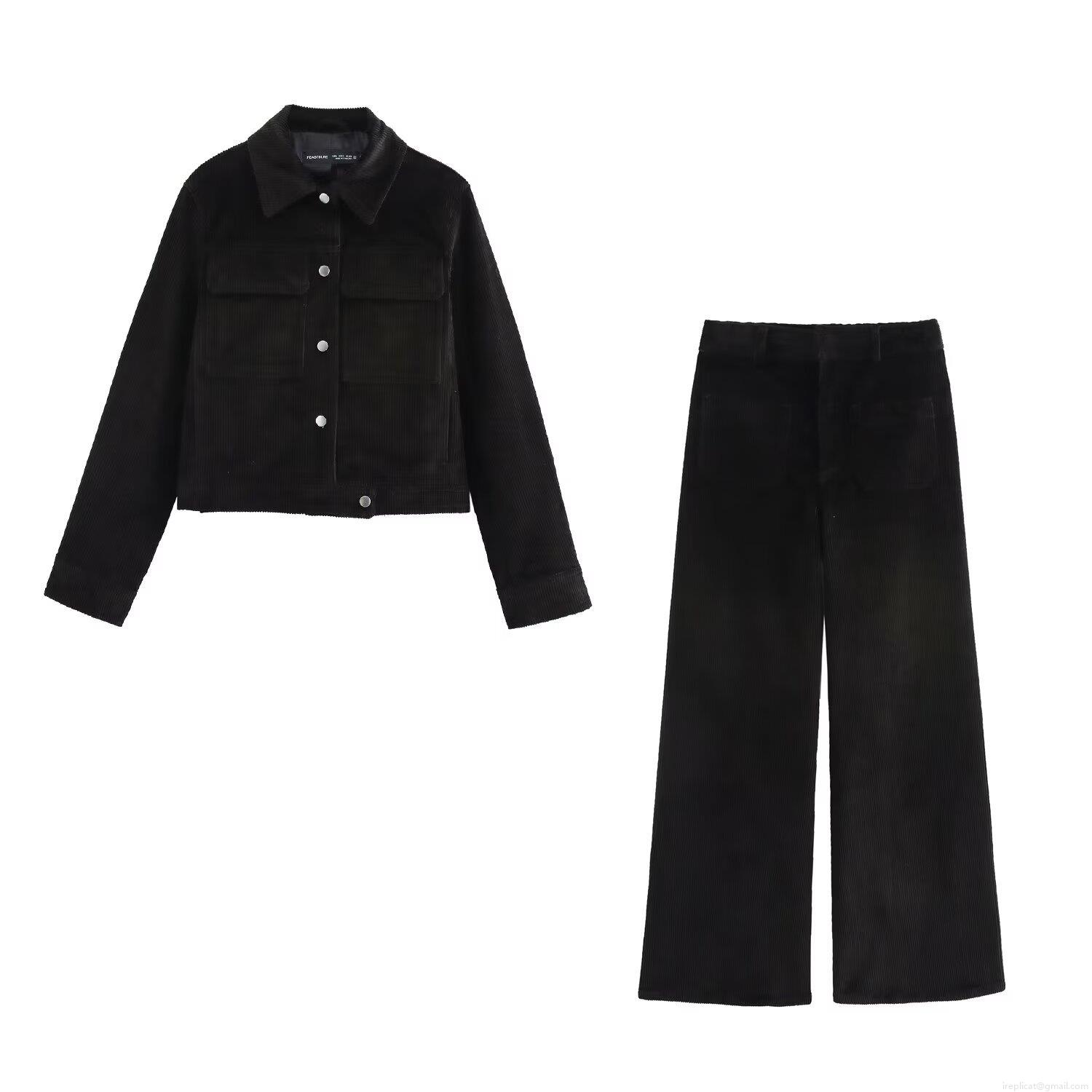 Women's Black Corduroy Two Piece Set Fashion Short Utility Jacket And High Waist Wide Leg Pants Streetwear Casual Suit Solid Color Long Sleeve Button Coat Trousers Outfits Women's Black Corduroy Two Piece Set Fashion Short Utility Jacket And High Waist Wide Leg Pants Streetwear Casual Suit Solid Color Long Sleeve Button Coat Trousers Outfits