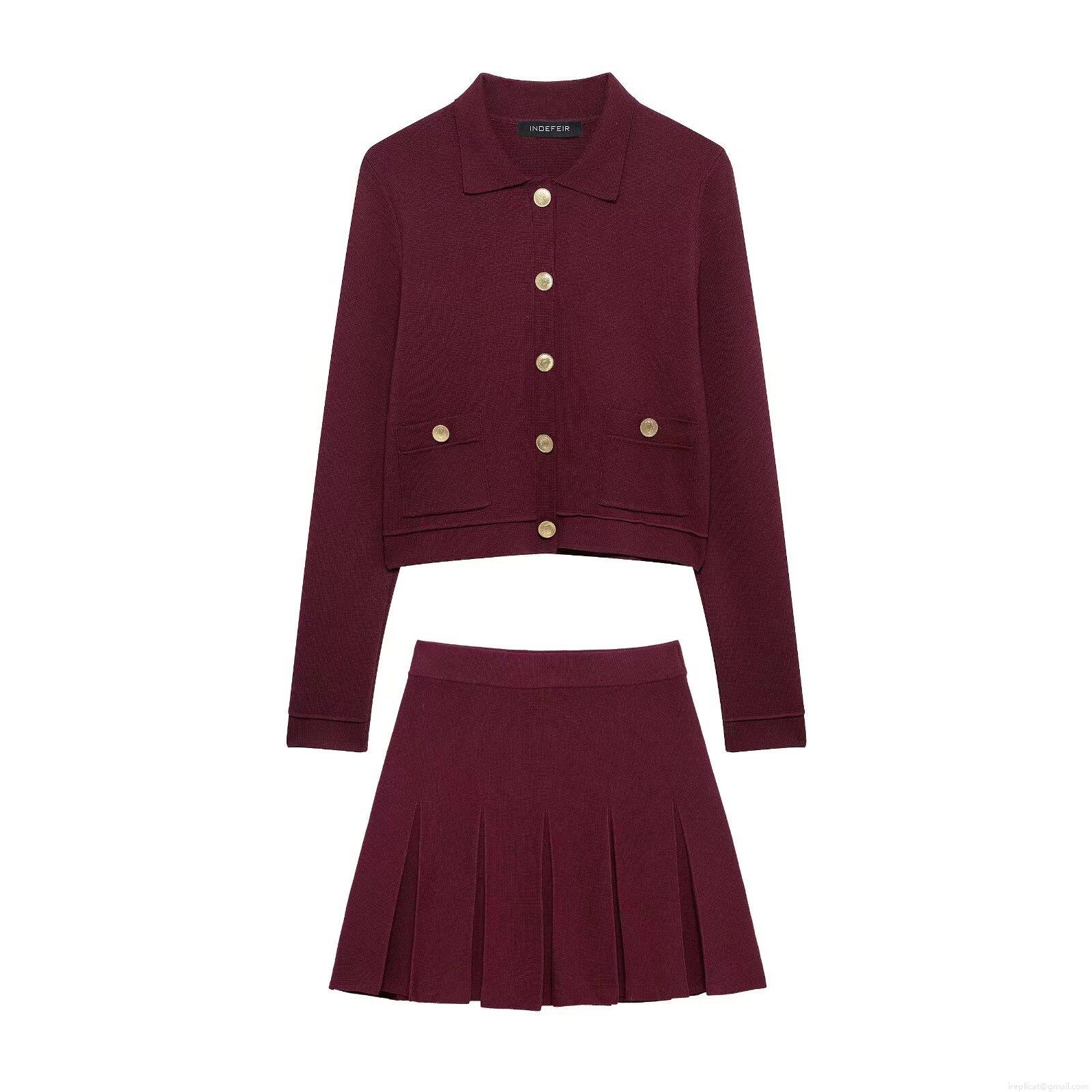 Women's European American Style Knit Two Piece Set Metal Button Long Sleeve Cardigan And High Waist Pleated Mini Skirt Wine Red Streetwear Outfit Women's European American Style Knit Two Piece Set Metal Button Long Sleeve Cardigan And High Waist Pleated Mini Skirt Wine Red Streetwear Outfit