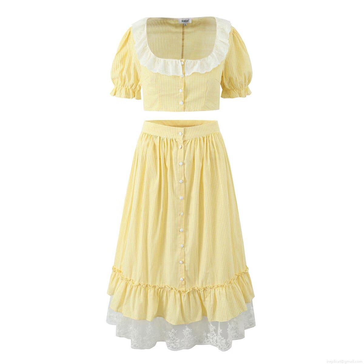 Women's 2 Piece Plaid Skirt Set Lace Patchwork Puff Sleeve Crop Top and Gingham Maxi Skirt Set Pastoral Style Outfits For Women