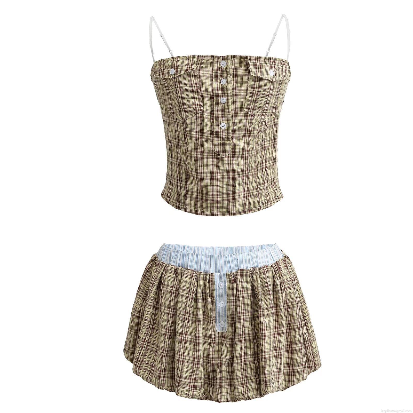 Women Plaid Camisole Top and Mini Skirt Set Rayon Polyester Patchwork Button Decor Sleeveless Two Piece Outfits Streetwear Khaki Women Plaid Camisole Top and Mini Skirt Set Rayon Polyester Patchwork Button Decor Sleeveless Two Piece Outfits Streetwear Khaki