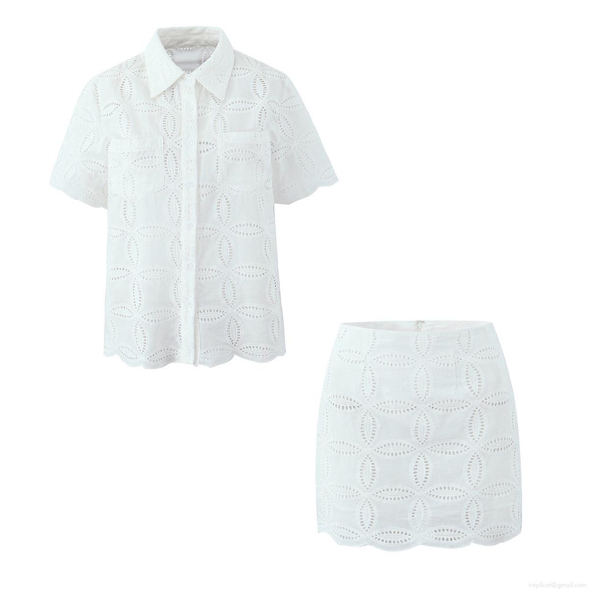 Women's 2-Piece Summer Skirt Set Eyelet Lace Embroidery Short Sleeve Button Down Shirt and High Waist Mini Skirt Hollow Out Streetwear Outfit