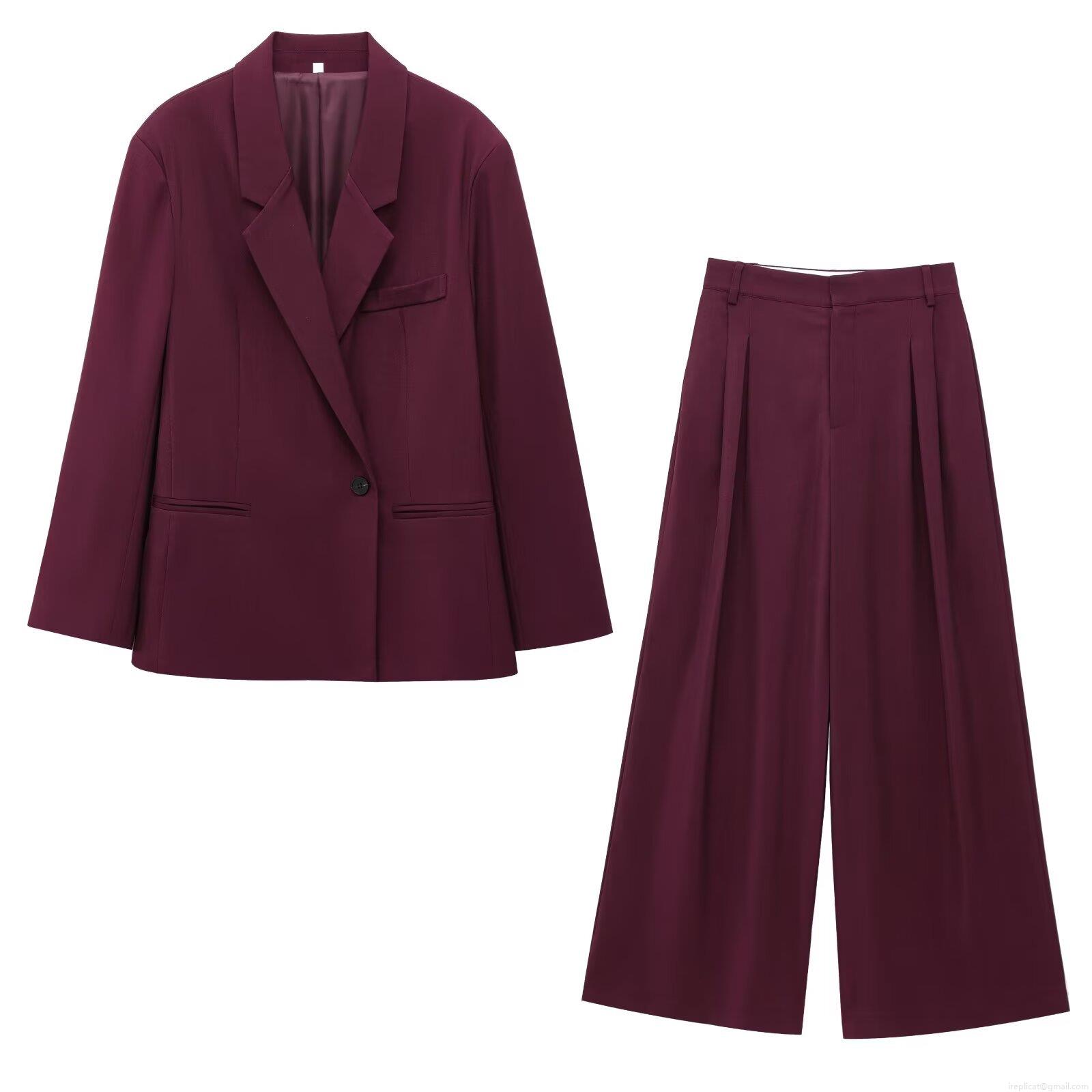 Women Two Piece Blazer Set Solid Color Lapel Long Sleeve Loose Suit Jacket And Pleated Wide Leg Pants Elegant Professional Office Lady Workwear Set Polyester Blend Burgundy Women Two Piece Blazer Set Solid Color Lapel Long Sleeve Loose Suit Jacket And Pleated Wide Leg Pants Elegant Professional Office Lady Workwear Set Polyester Blend Burgundy
