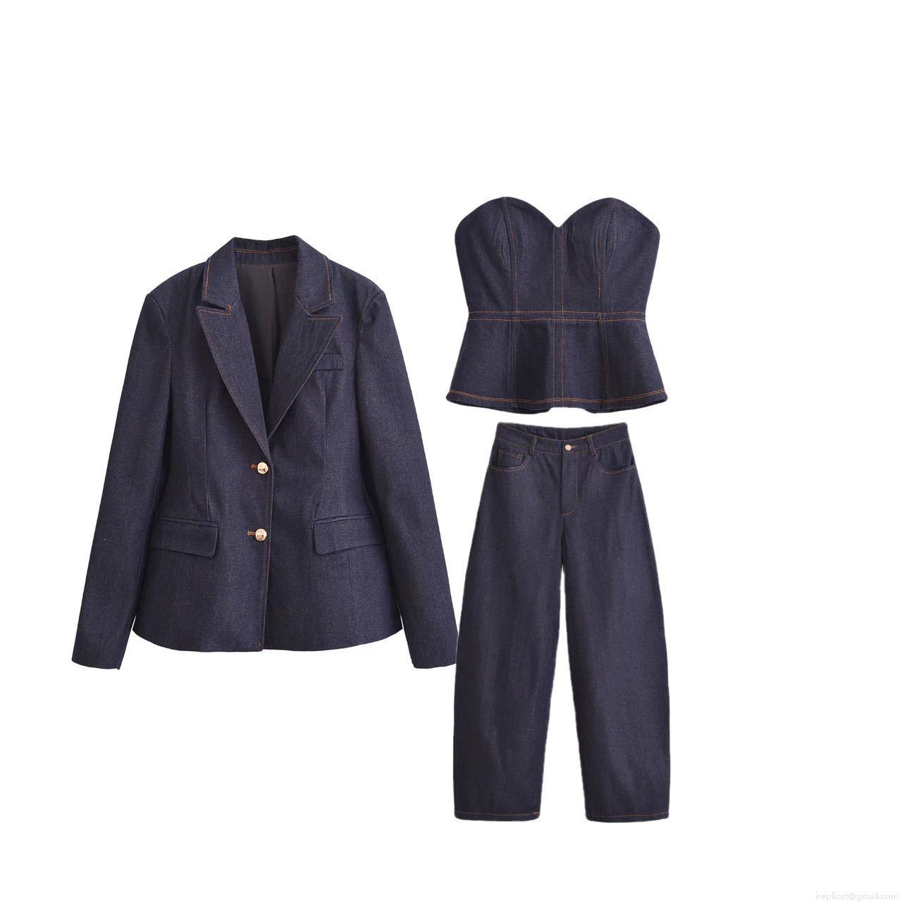 Women Deep Blue 3-Piece Denim Suit Set With Notched Lapel Blazer Crop Bustier Top And High Waist Wide Leg Pants Contrast Stitching Streetwear Co-ord Outfits Women Deep Blue 3-Piece Denim Suit Set With Notched Lapel Blazer Crop Bustier Top And High Waist Wide Leg Pants Contrast Stitching Streetwear Co-ord Outfits