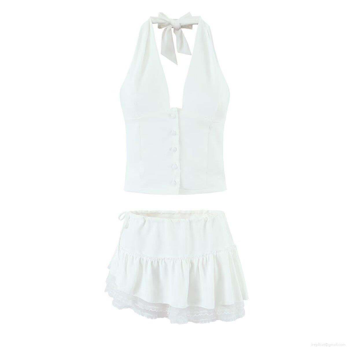 Sexy White Polyester Lace Trim Halter Neck Backless Button Vest And Ruffle Mini Skirt Two Piece Set Women Summer Streetwear Outfit Sexy White Polyester Lace Trim Halter Neck Backless Button Vest And Ruffle Mini Skirt Two Piece Set Women Summer Streetwear Outfit