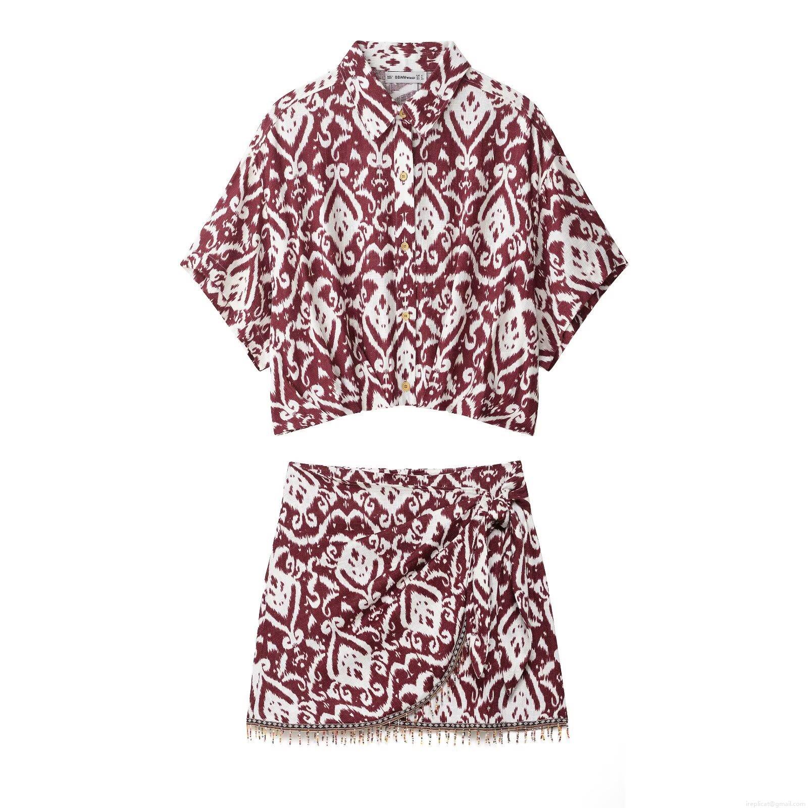 Women's Bohemian Ethnic Ikat Print Two Piece Set Polyester Short Sleeve Crop Shirt and Bead Tassel Wrap Mini Skirt Vacation Summer Casual Outfit Women's Bohemian Ethnic Ikat Print Two Piece Set Polyester Short Sleeve Crop Shirt and Bead Tassel Wrap Mini Skirt Vacation Summer Casual Outfit