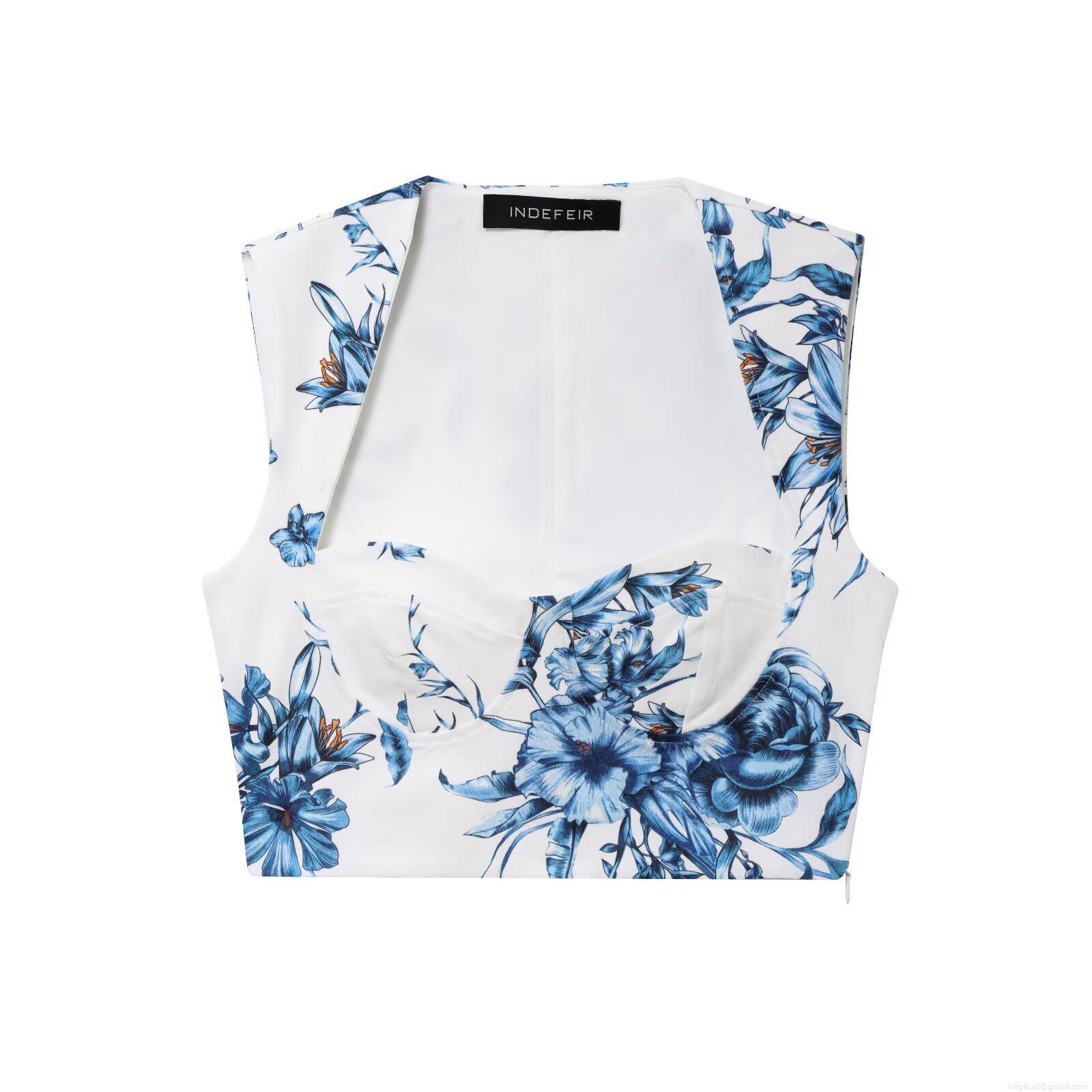 Women's Retro French Blue Floral Print Two-Piece Skirt Set Square Neck Sleeveless Crop Top And High Waist Flare A-Line Midi Skirt With Belt For Summer Vacation Party Beach Casual Polyester Outfit
