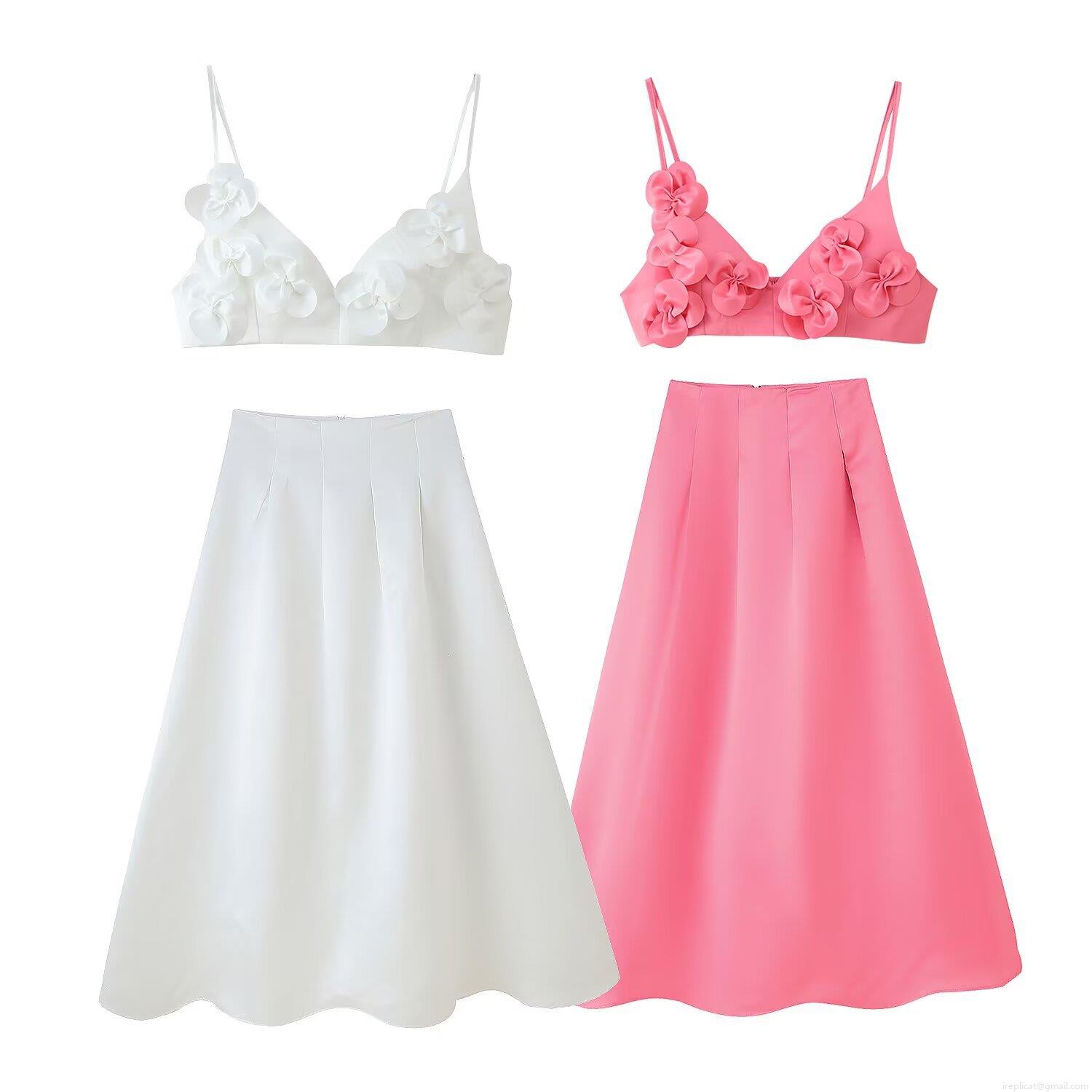 Elegant Women's 3D Flower Decoration Camisole and High Waist A-Line Satin Long Skirt Set Two Piece Suit for Summer Party Vacation Club Women Outfits Elegant Women's 3D Flower Decoration Camisole and High Waist A-Line Satin Long Skirt Set Two Piece Suit for Summer Party Vacation Club Women Outfits