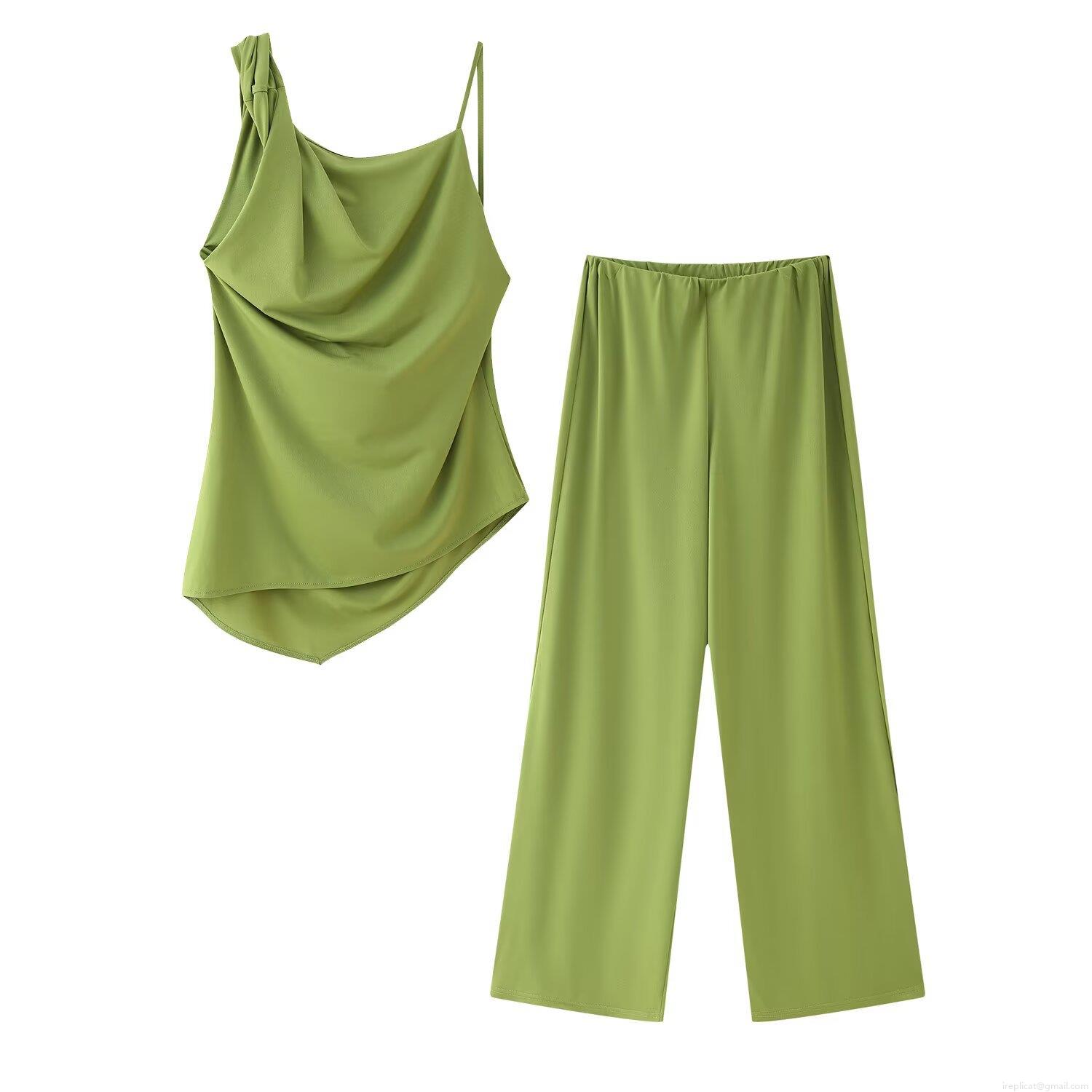 Women Summer Avocado Green Two Piece Set Sexy Asymmetric One Shoulder Pleated Top And Elastic High Waist Wide Leg Pants Suit For Party Vacation Casual Women Summer Avocado Green Two Piece Set Sexy Asymmetric One Shoulder Pleated Top And Elastic High Waist Wide Leg Pants Suit For Party Vacation Casual