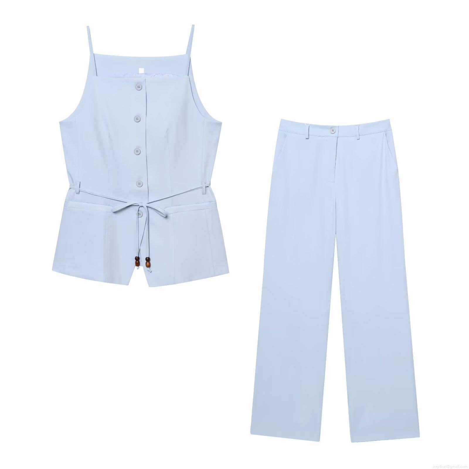 Women's 2 Piece Summer Outfits Set Light Blue Camisole Top and Wide Leg Pants With Beaded Belt Button Front Sleeveless Square Neck Woven Polyester Casual Vacation Streetwear For Women Women's 2 Piece Summer Outfits Set Light Blue Camisole Top and Wide Leg Pants With Beaded Belt Button Front Sleeveless Square Neck Woven Polyester Casual Vacation Streetwear For Women