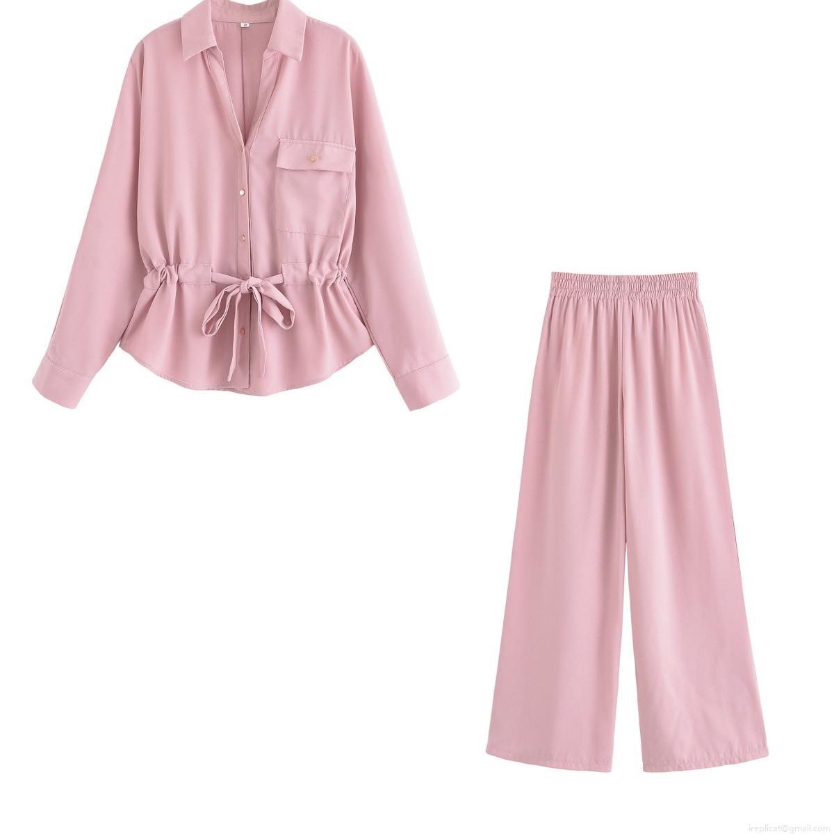 Women 2 Piece Outfits Casual Solid Color Long Sleeve Button Down Shirt And High Waist Drawstring Wide Leg Pants Streetwear Pink Set Women 2 Piece Outfits Casual Solid Color Long Sleeve Button Down Shirt And High Waist Drawstring Wide Leg Pants Streetwear Pink Set
