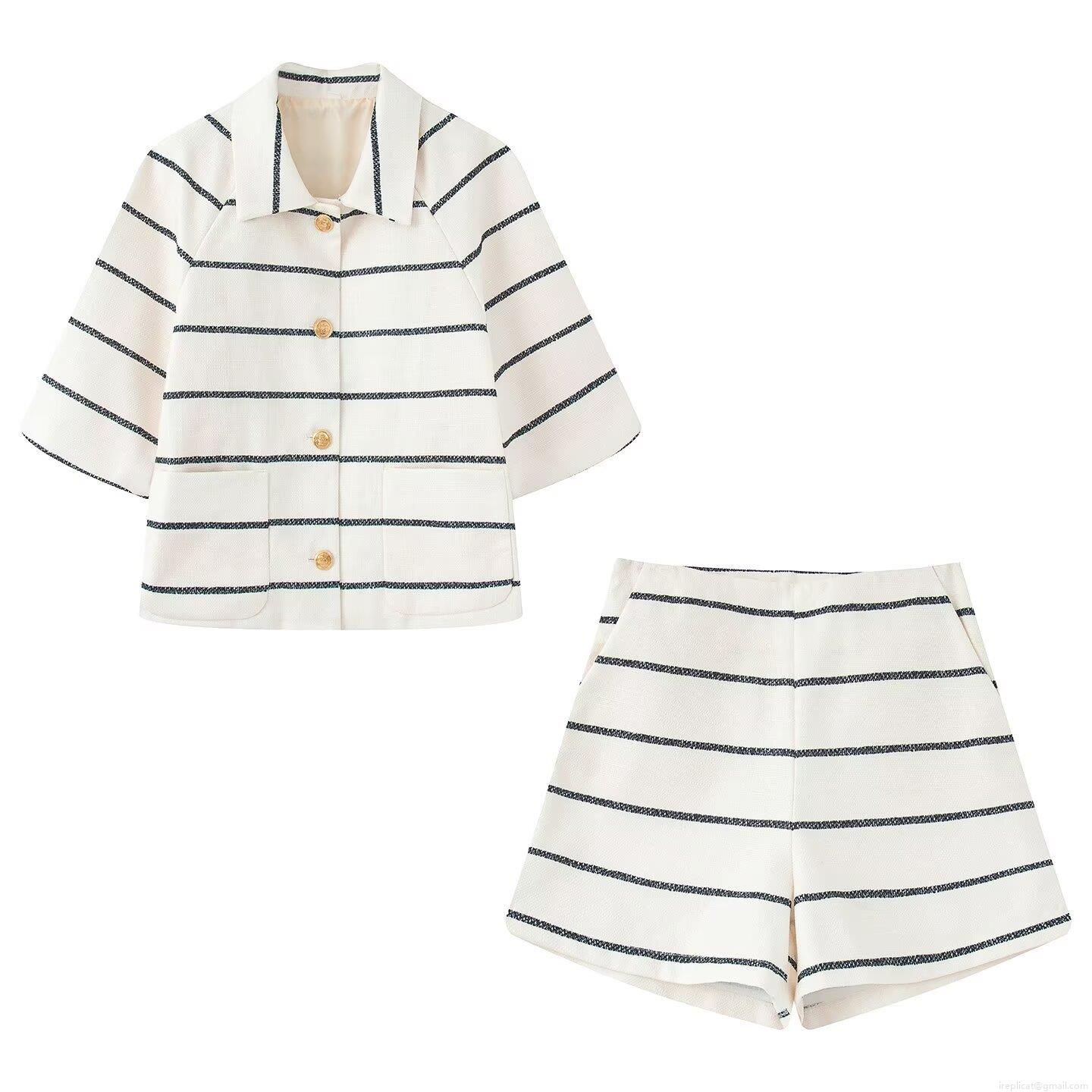 Women Striped Two-Piece Set Summer Tweed Short Sleeve Jacket And High Waist Shorts Streetwear Casual Outfit For Women