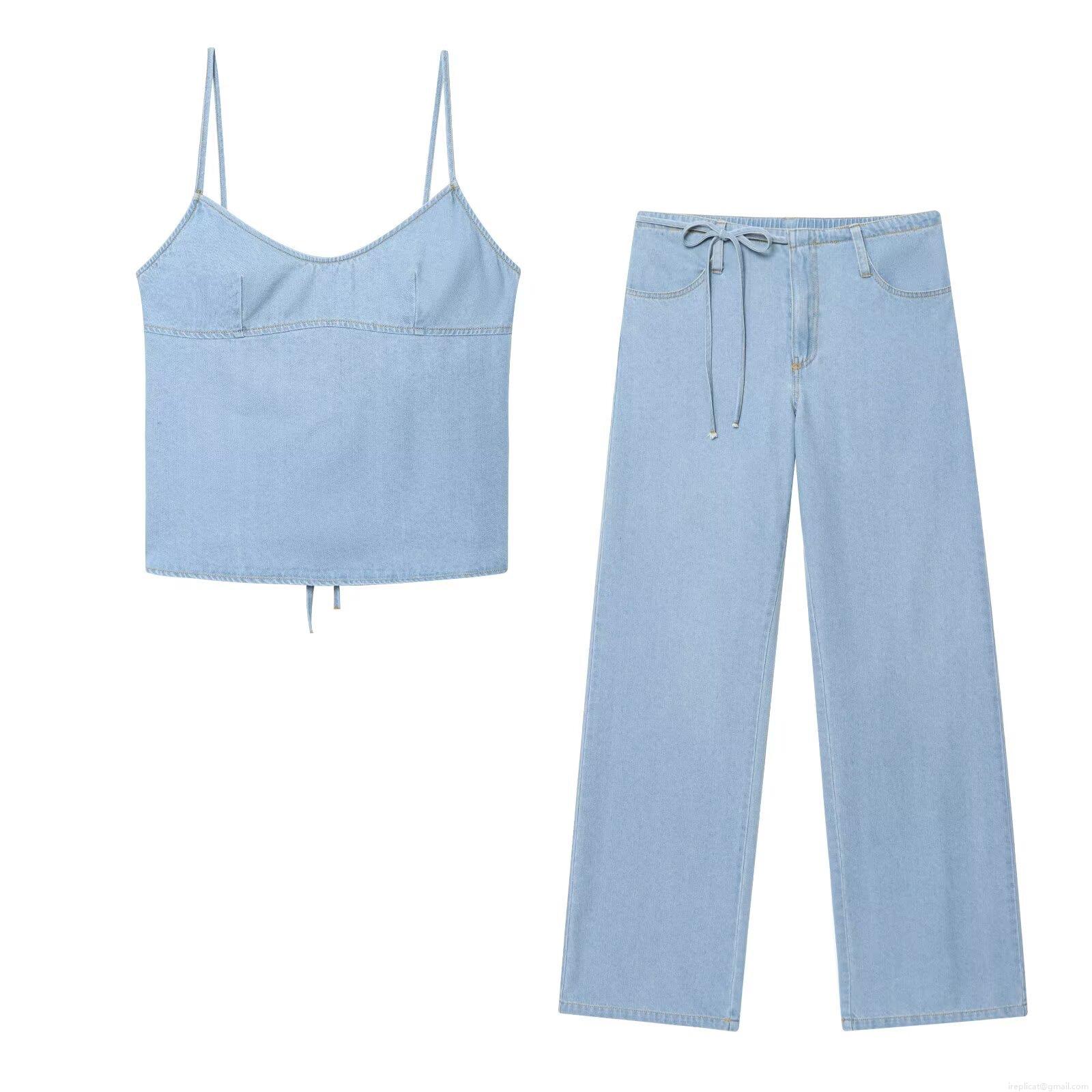 Women's 2-Piece Denim Set Light Blue Cami Top with Back Lace-Up and Bow Tie Straight Leg Jeans Streetwear Outfit for Summer Casual Wear Women's 2-Piece Denim Set Light Blue Cami Top with Back Lace-Up and Bow Tie Straight Leg Jeans Streetwear Outfit for Summer Casual Wear