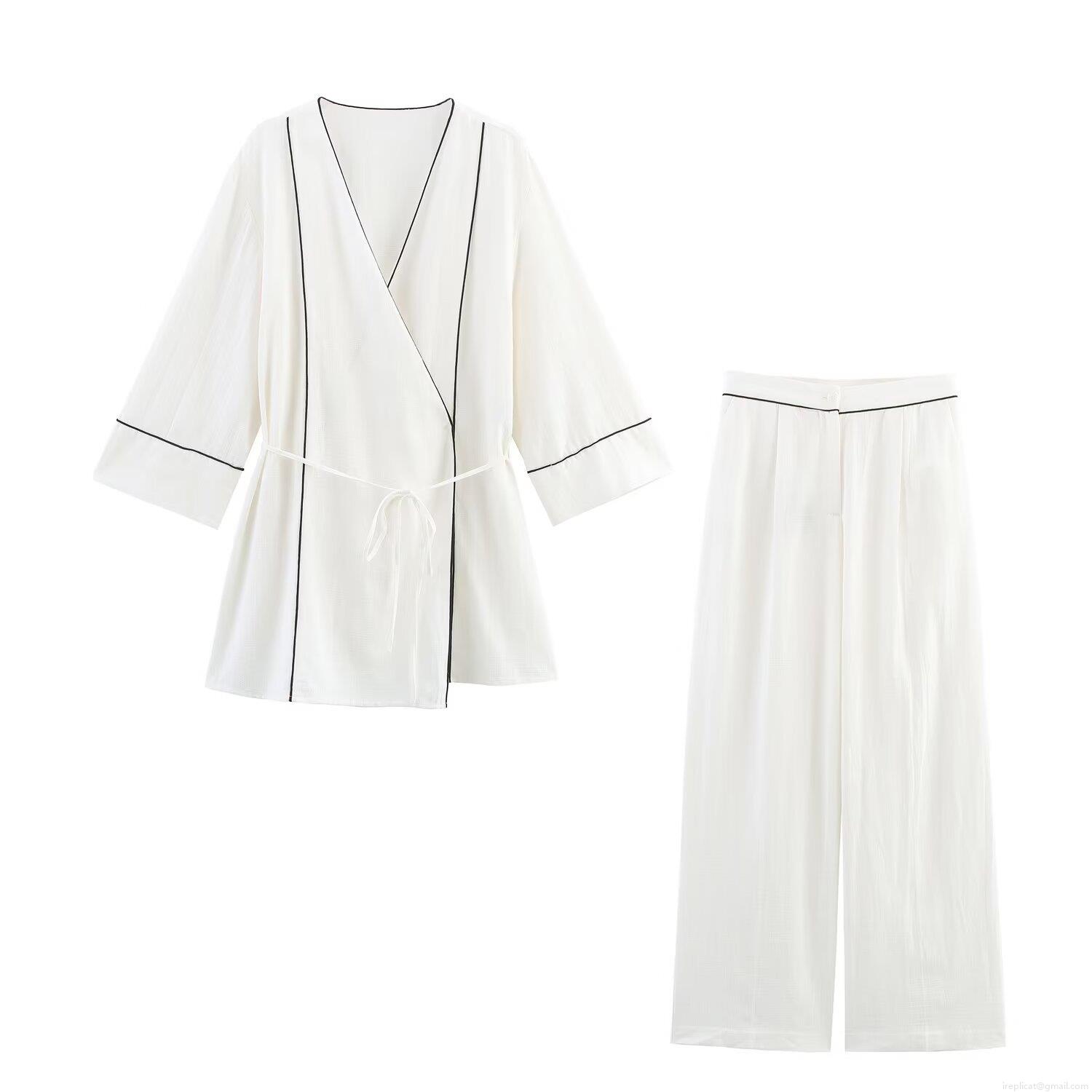 Women Elegant Contrast Trim Two Piece Set V Neck Long Sleeve Tie Waist Jacket And High Waist Wide Leg Pants Casual Loungewear Suite White Women Elegant Contrast Trim Two Piece Set V Neck Long Sleeve Tie Waist Jacket And High Waist Wide Leg Pants Casual Loungewear Suite White