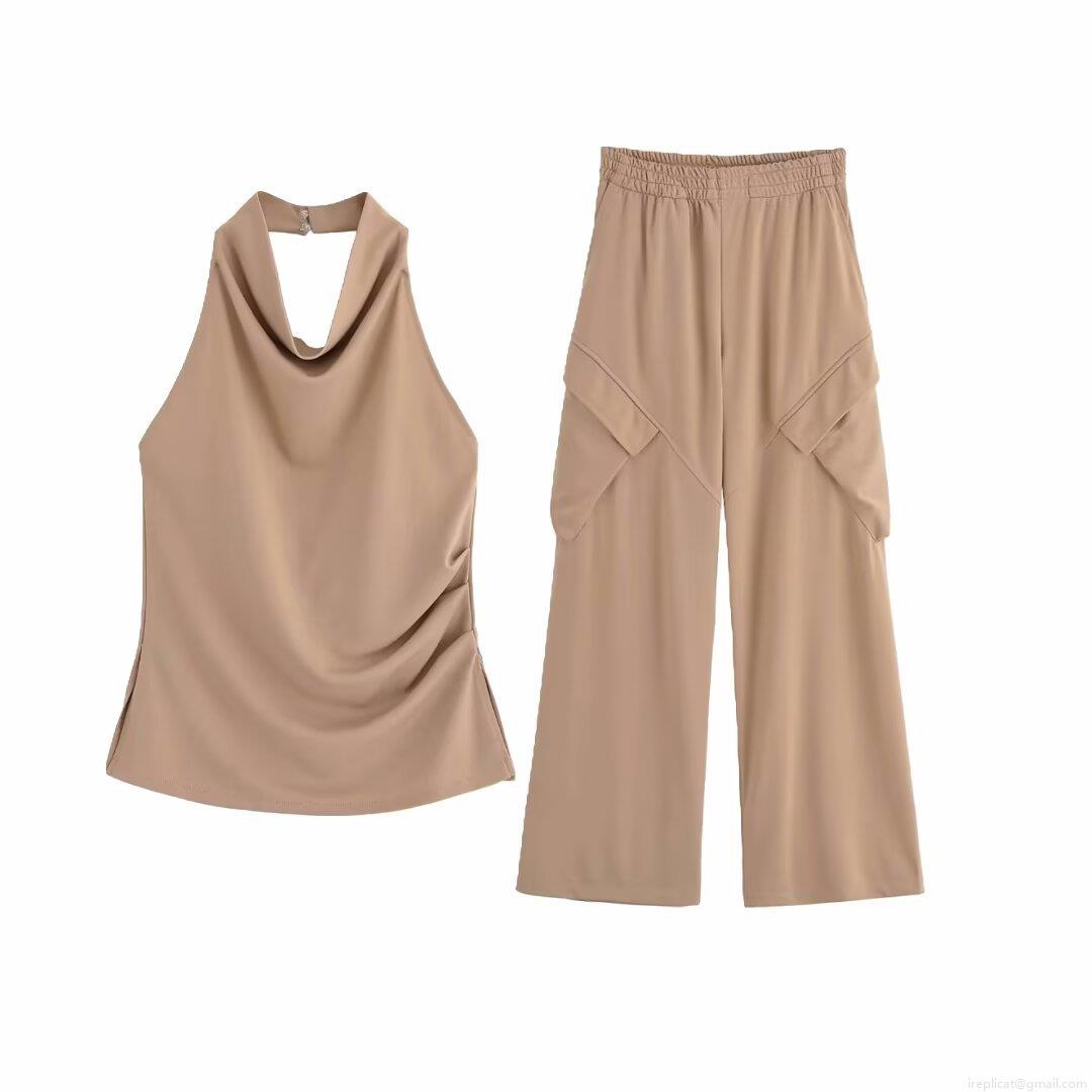 Women's Two Piece Set Halter Backless Cowl Neck Top and High Waist Cargo Wide Leg Pants Polyester Khaki Summer Streetwear Casual Outfits for Women