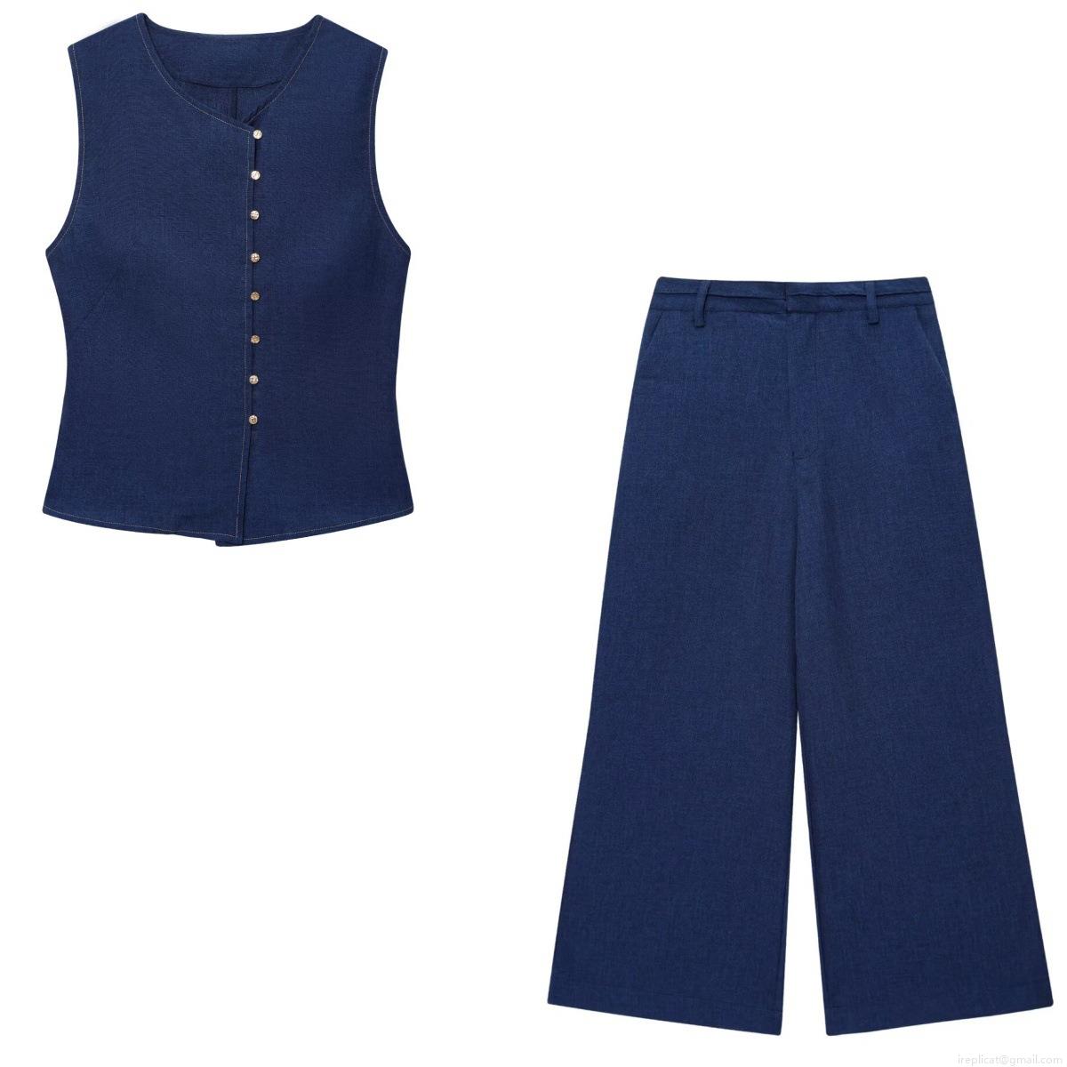 Summer Street Style Sleeveless Button Vest and High Waist Wide Leg Pants Two Piece Set for Women Solid Color Polyester Outfits Elegant Party Outfits Summer Street Style Sleeveless Button Vest and High Waist Wide Leg Pants Two Piece Set for Women Solid Color Polyester Outfits Elegant Party Outfits