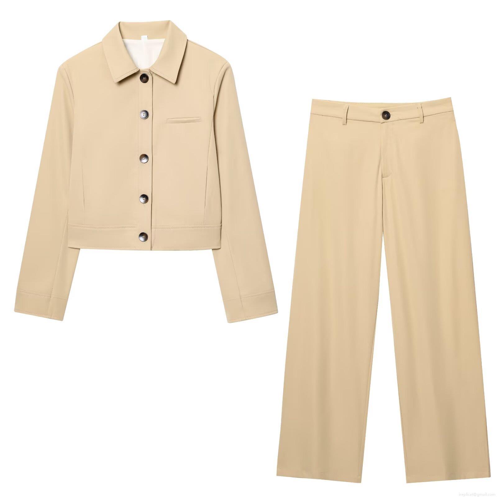 Women's Casual Two-Piece Set Polyester Cropped Lapel Jacket And High Waist Wide Leg Pants Solid Color Streetwear Autumn Outfit For Women Women's Casual Two-Piece Set Polyester Cropped Lapel Jacket And High Waist Wide Leg Pants Solid Color Streetwear Autumn Outfit For Women