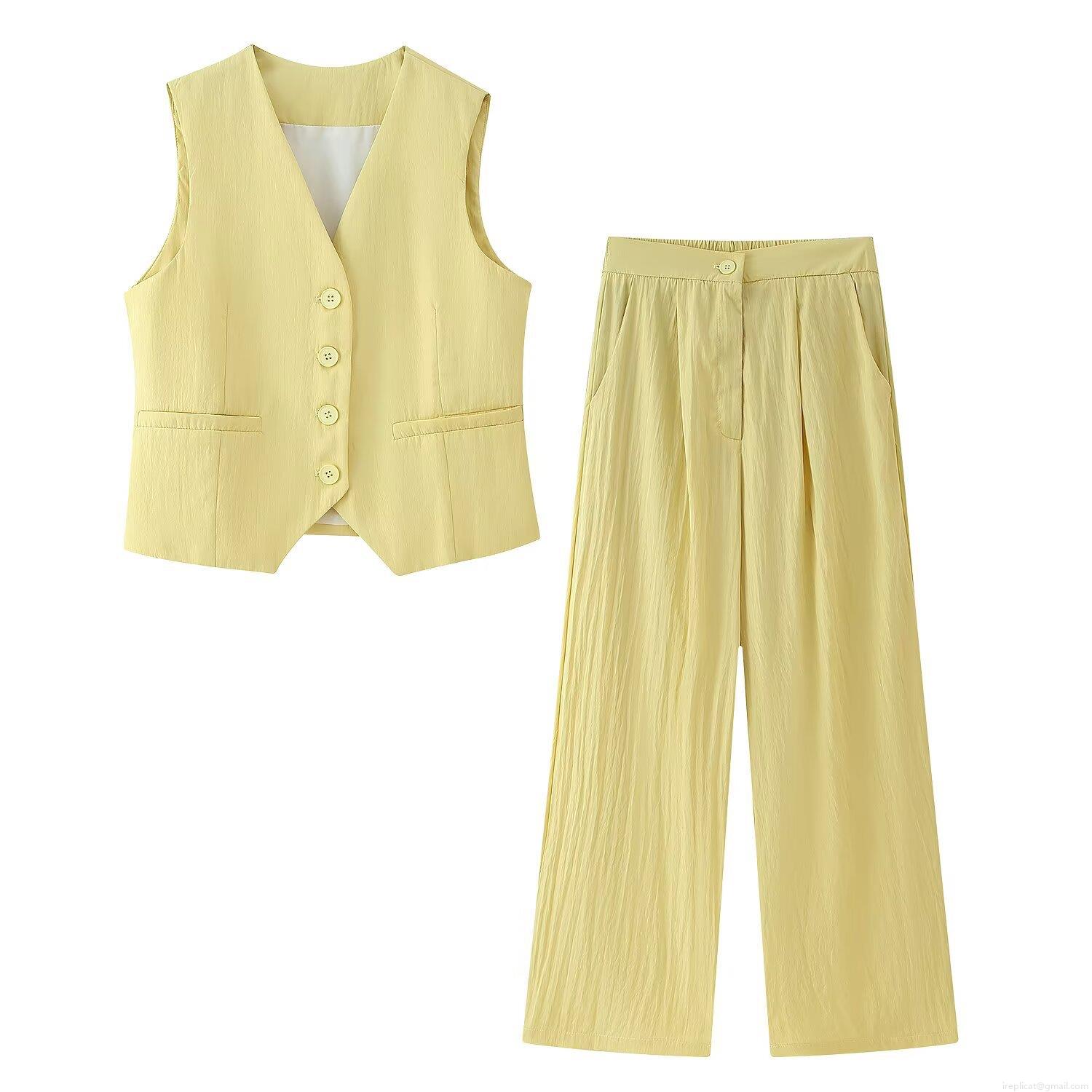 Women's Casual 2-Piece Pant Set V-Neck Button Down Vest and High Waisted Wide Leg Trousers Polyester Vertical Texture Solid Summer Streetwear Outfit