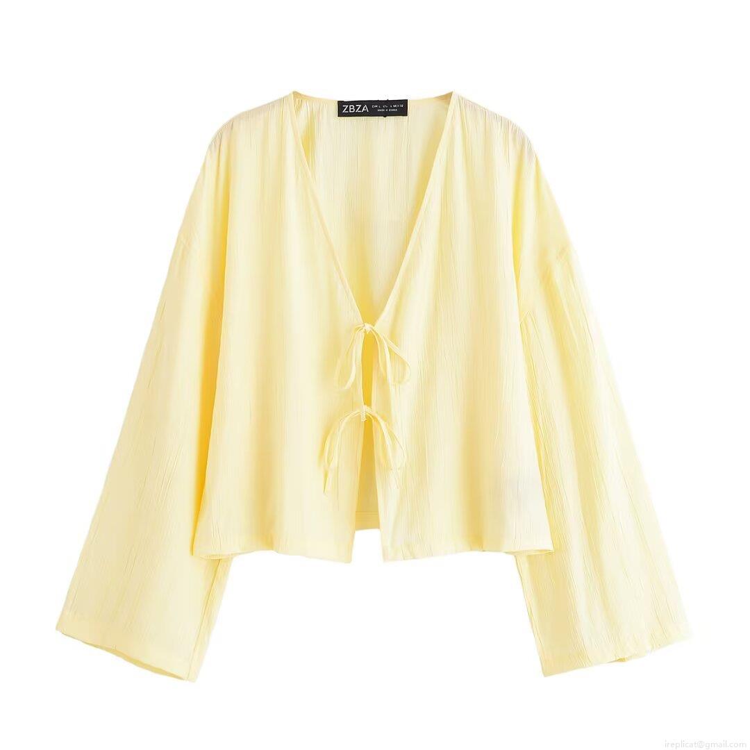 Women Casual 2-Piece Crinkle Set Polyester V-Neck Tie-Front Long Sleeve Top And Elastic Drawstring Shorts Summer Streetwear Lounge Outfit Women Casual 2-Piece Crinkle Set Polyester V-Neck Tie-Front Long Sleeve Top And Elastic Drawstring Shorts Summer Streetwear Lounge Outfit