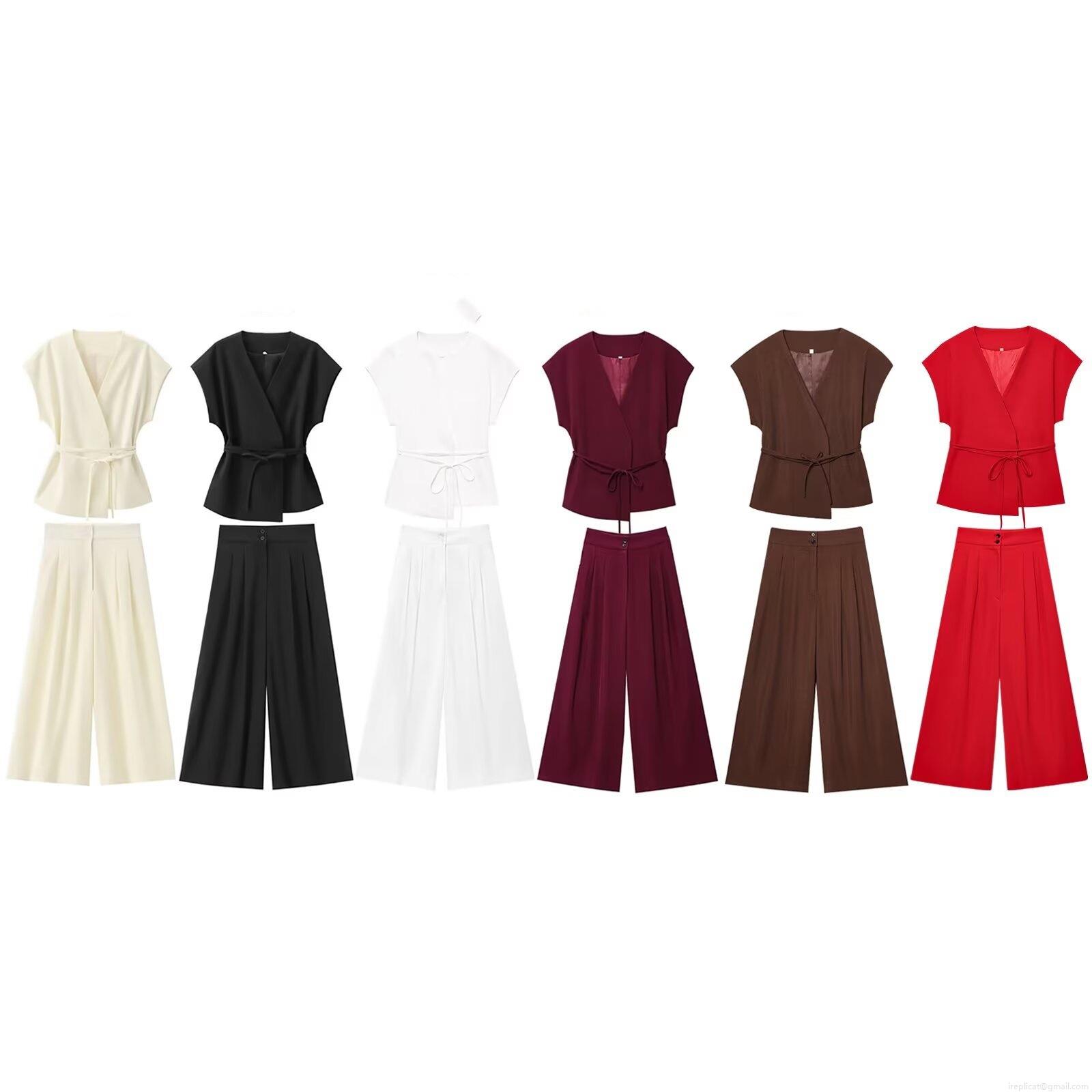 Women's 2 Piece Summer Set V Neck Sleeveless Tie-Up Top And High Waist Wide Leg Pleated Pants Casual Chic Streetwear Suits Solid Color Polyester Outfits Women's 2 Piece Summer Set V Neck Sleeveless Tie-Up Top And High Waist Wide Leg Pleated Pants Casual Chic Streetwear Suits Solid Color Polyester Outfits