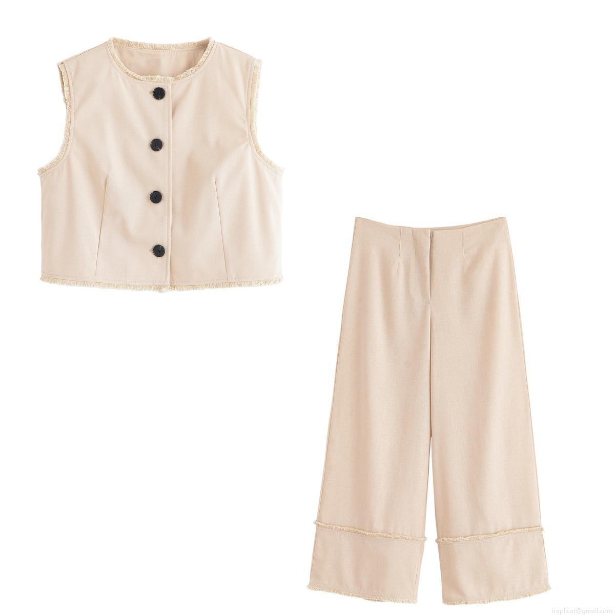 Women European Style 2 Piece Set Minimalist Sleeveless Waistcoat Vest And High Waist Wide Leg Pants With Raw Hem Fringe Detail For Summer Vacation Daily Wear Streetwear Outfit Women European Style 2 Piece Set Minimalist Sleeveless Waistcoat Vest And High Waist Wide Leg Pants With Raw Hem Fringe Detail For Summer Vacation Daily Wear Streetwear Outfit