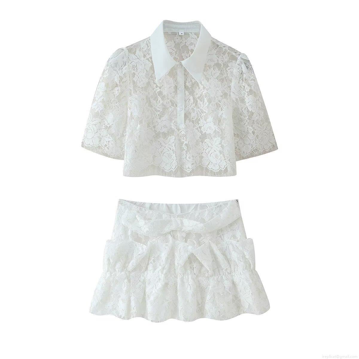 Women's Two Piece Lace Skirt Set Summer Short Sleeve Lapel Button Shirt And Ruffle Tiered Mini Skirt Elegant White Streetwear Outfits For Women