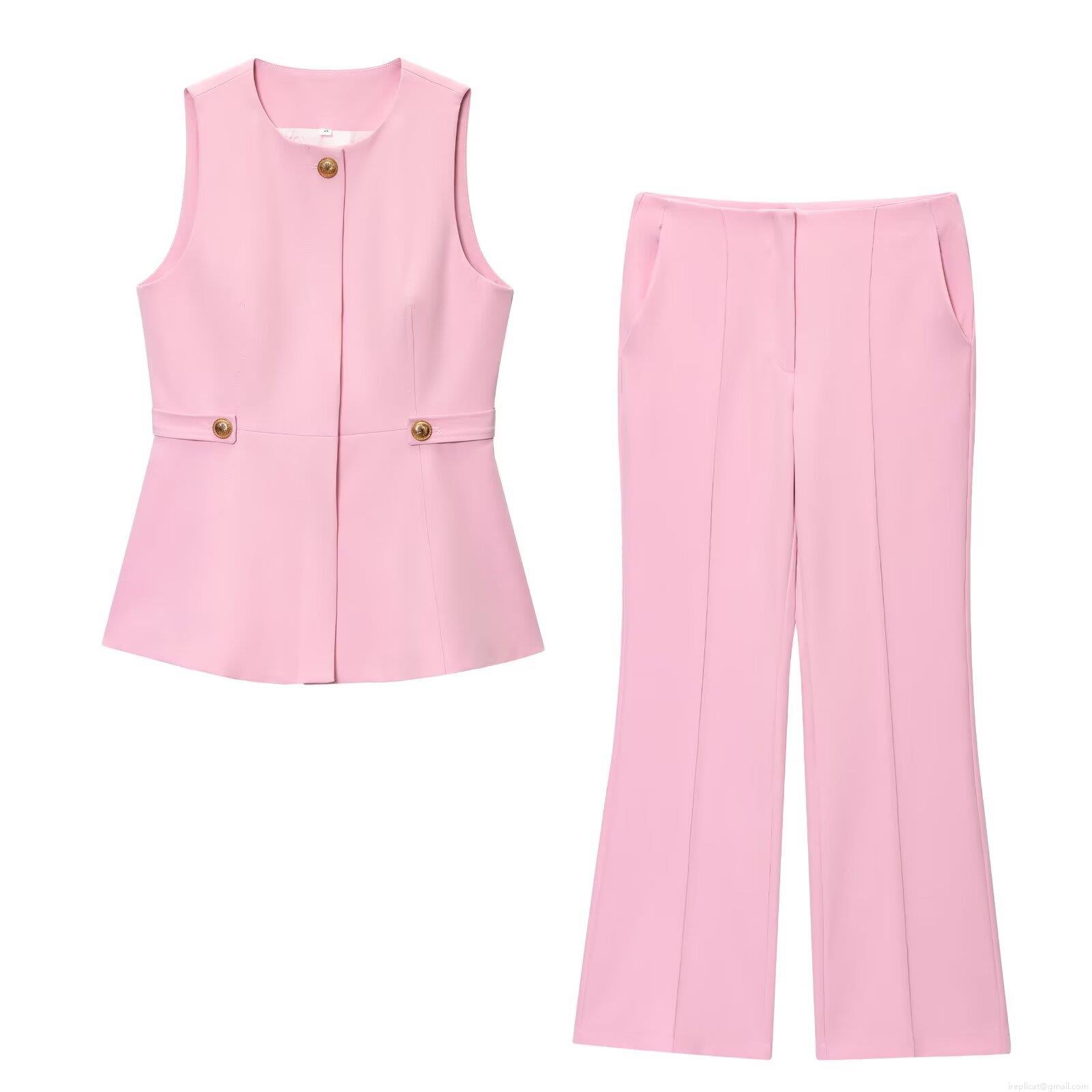 Elegant Women's Pink Vest and Flared Pants Two Piece Set Sleeveless Peplum Waistcoat and High Waist Trousers Business Casual Office Suit Outfit Elegant Women's Pink Vest and Flared Pants Two Piece Set Sleeveless Peplum Waistcoat and High Waist Trousers Business Casual Office Suit Outfit