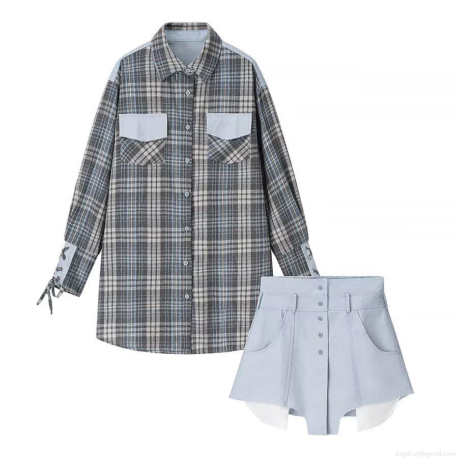 Women's 2-Piece Western Style Plaid Splicing Shirt And High Waist Buttoned Shorts Set Autumn Streetwear Long Sleeve Top And Casual Shorts Outfits