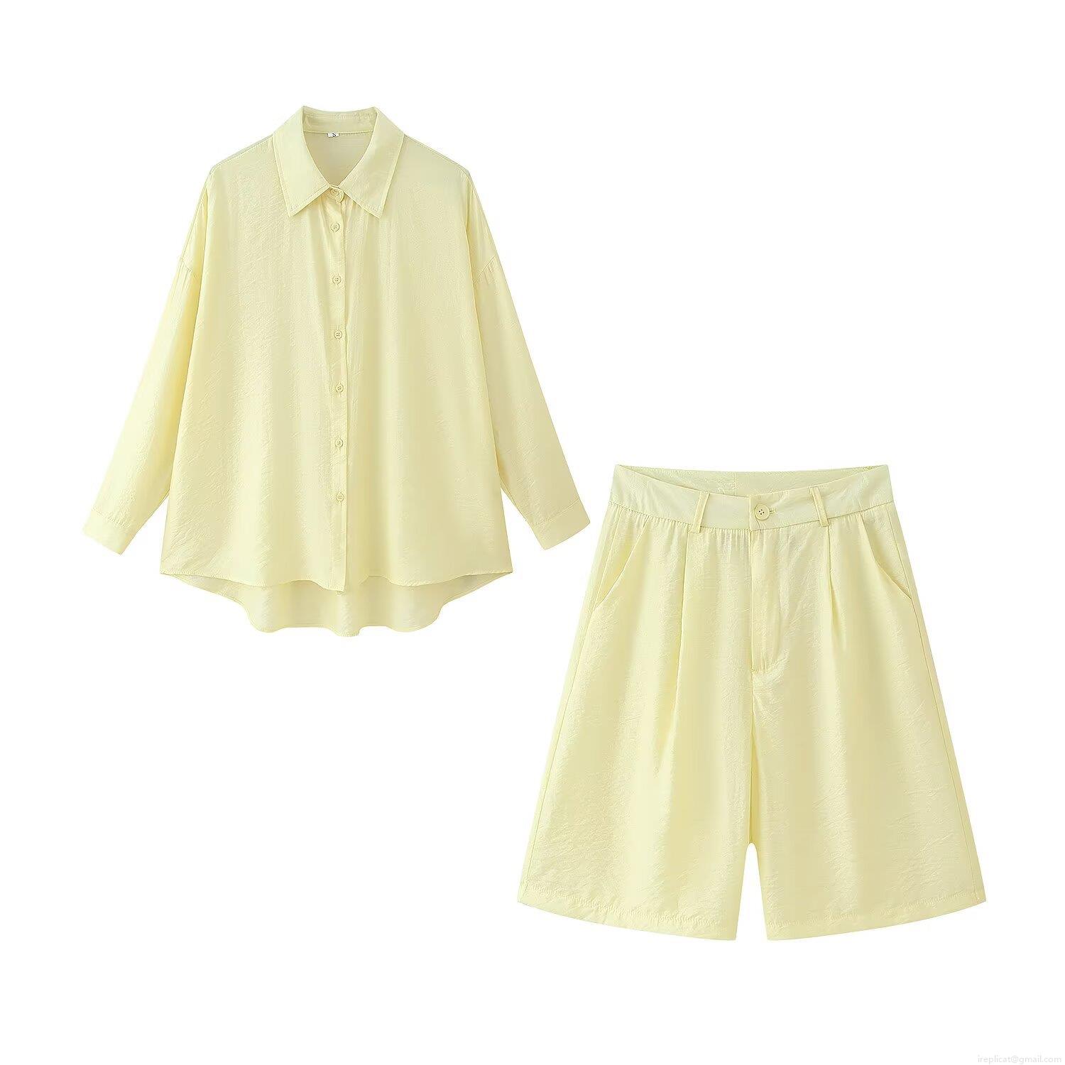 Women's Two-Piece Set Polyester Cotton Blend Long Sleeve Shirt and Casual Shorts Outfit Solid Color Pale Yellow Loose Streetwear Style Autumn Fashion