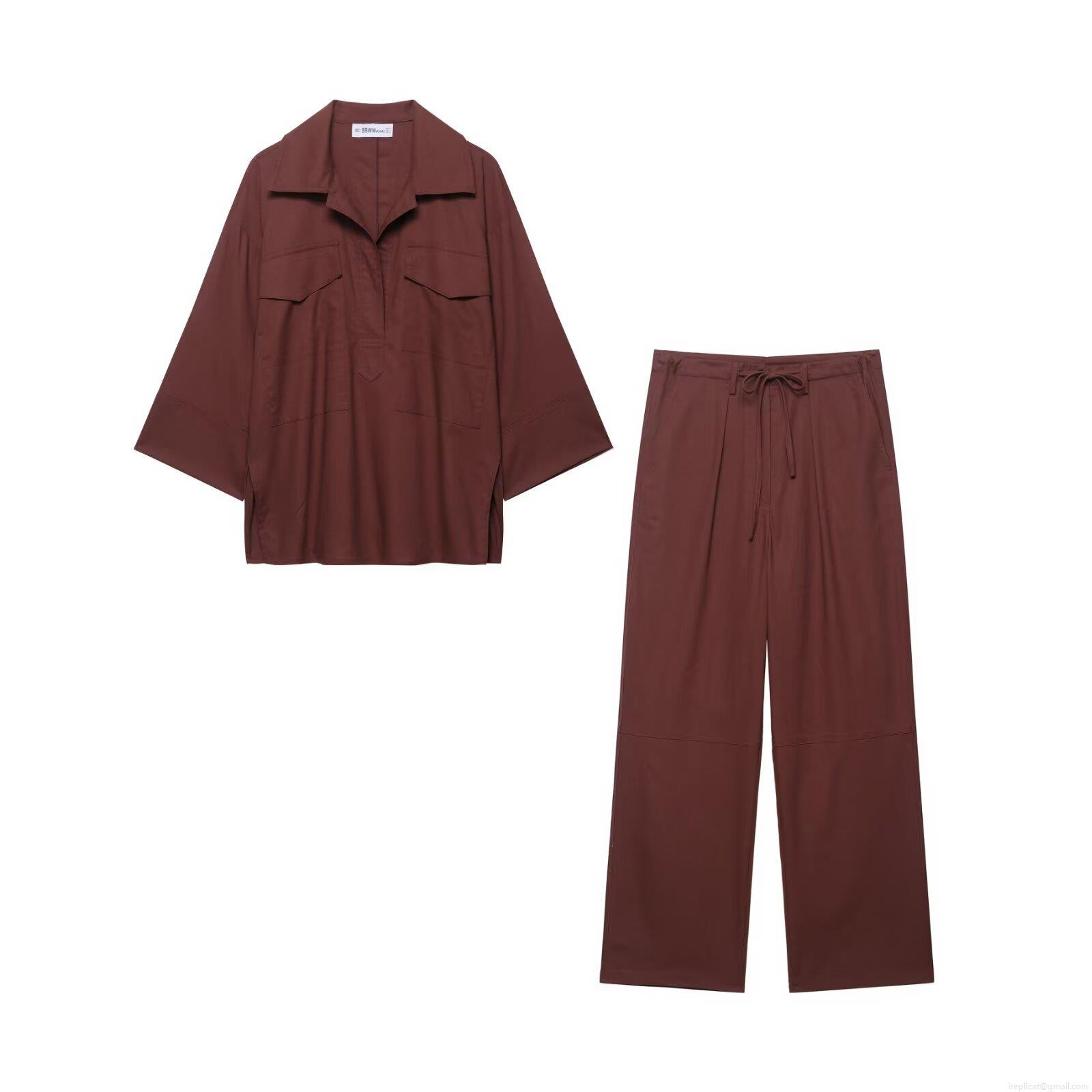 Women's 2 Piece Outfits Casual Polyester Shirt and Wide Leg Pants Set Solid Color Long Sleeve Button Down Blouses and Drawstring Trousers Streetwear Outfits for Women Women's 2 Piece Outfits Casual Polyester Shirt and Wide Leg Pants Set Solid Color Long Sleeve Button Down Blouses and Drawstring Trousers Streetwear Outfits for Women