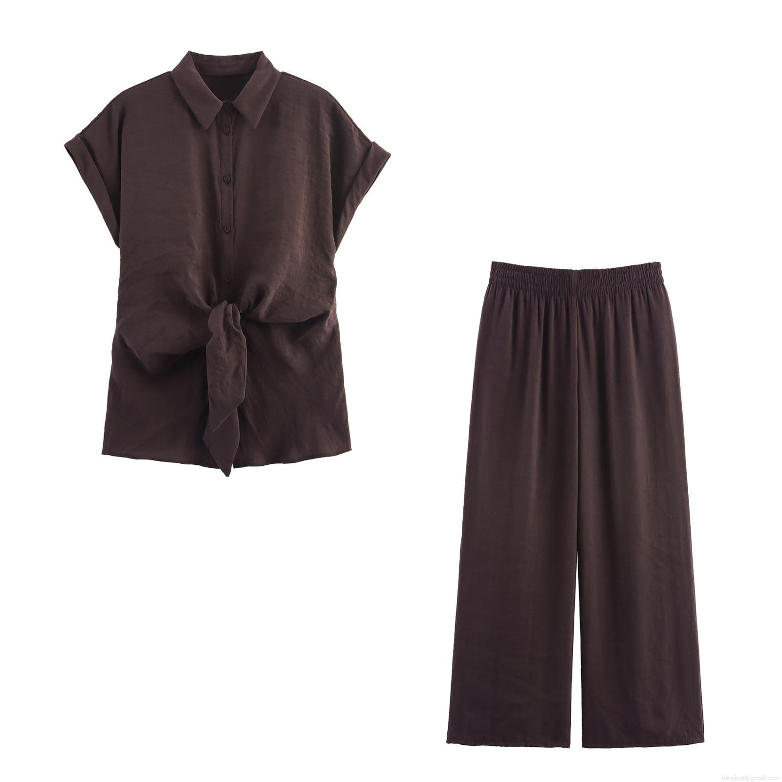 Women Two Piece Set Casual Short Sleeve Tie Front Shirt And Wide Leg Pants Streetwear Solid Color Polyester Outfits With Waist Tie For Autumn Spring Women Two Piece Set Casual Short Sleeve Tie Front Shirt And Wide Leg Pants Streetwear Solid Color Polyester Outfits With Waist Tie For Autumn Spring