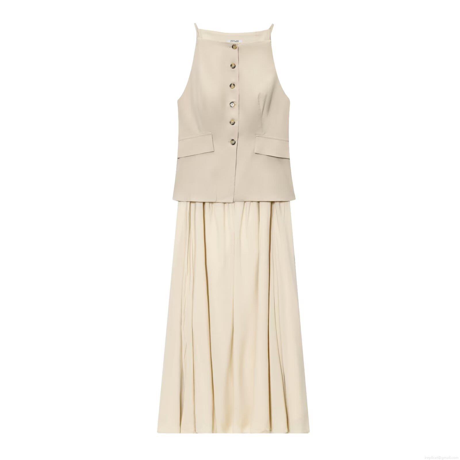 Women Elegant Two-Piece Skirt Set Halter Neck Button Vest Top High Waist Pleated Maxi Skirt Autumn Minimalist Polyester Cotton Rayon Blend Office Outfit Beige