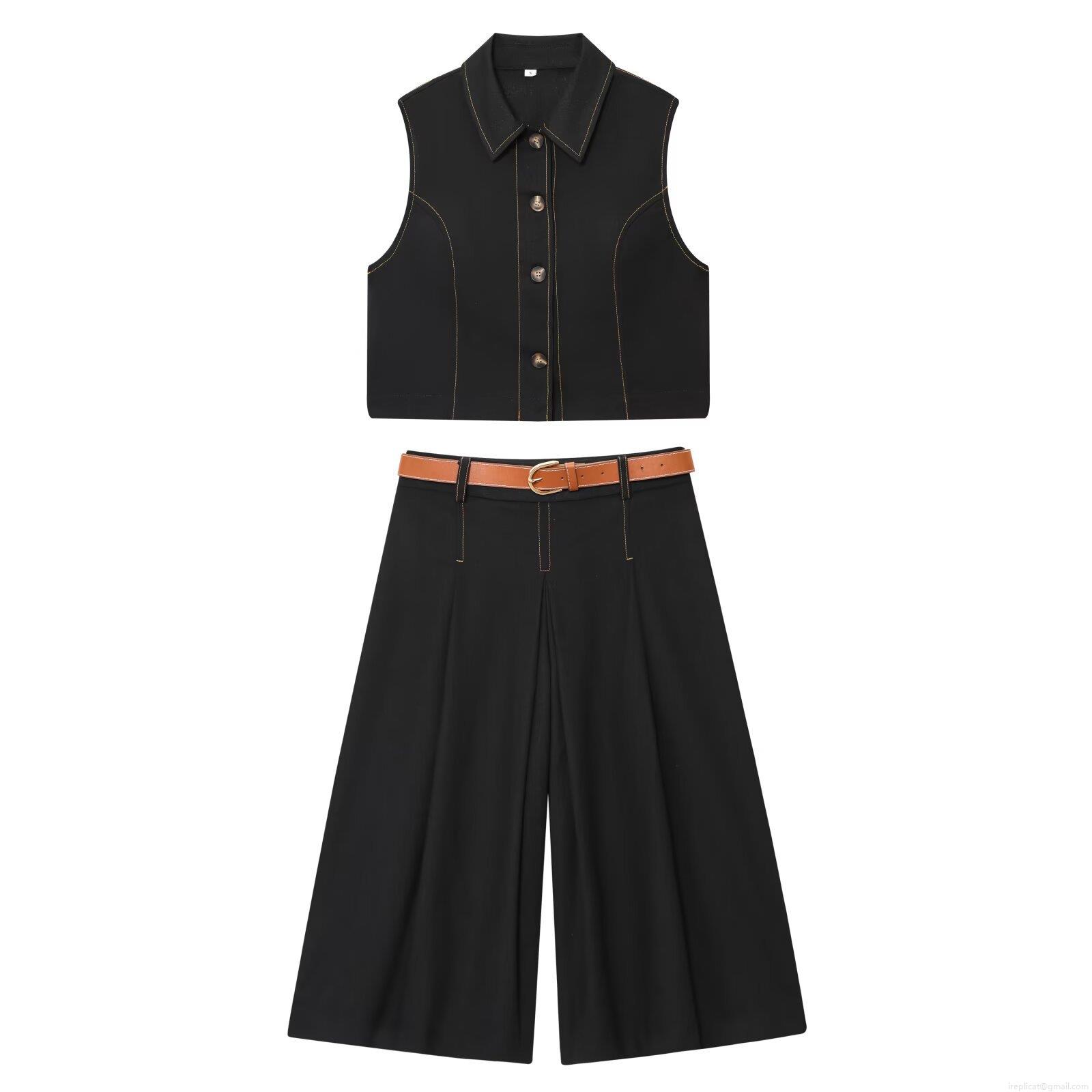 Women's Two Piece Outfits Contrast Stitching Sleeveless Button Up Vest And Cropped Wide Leg Pants Set With Brown Belt Casual Streetwear Street Fashion Polyester Suits