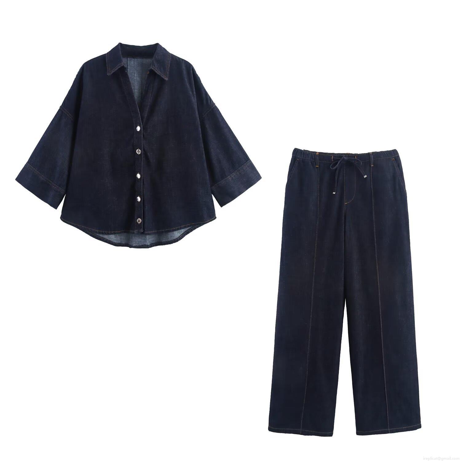 Women's 2 Piece Denim Set Long Sleeve Button Down Lapel Shirt And High Waist Elastic Wide Leg Pants Outfits Retro Distressed Indigo Jean Suits Women's 2 Piece Denim Set Long Sleeve Button Down Lapel Shirt And High Waist Elastic Wide Leg Pants Outfits Retro Distressed Indigo Jean Suits