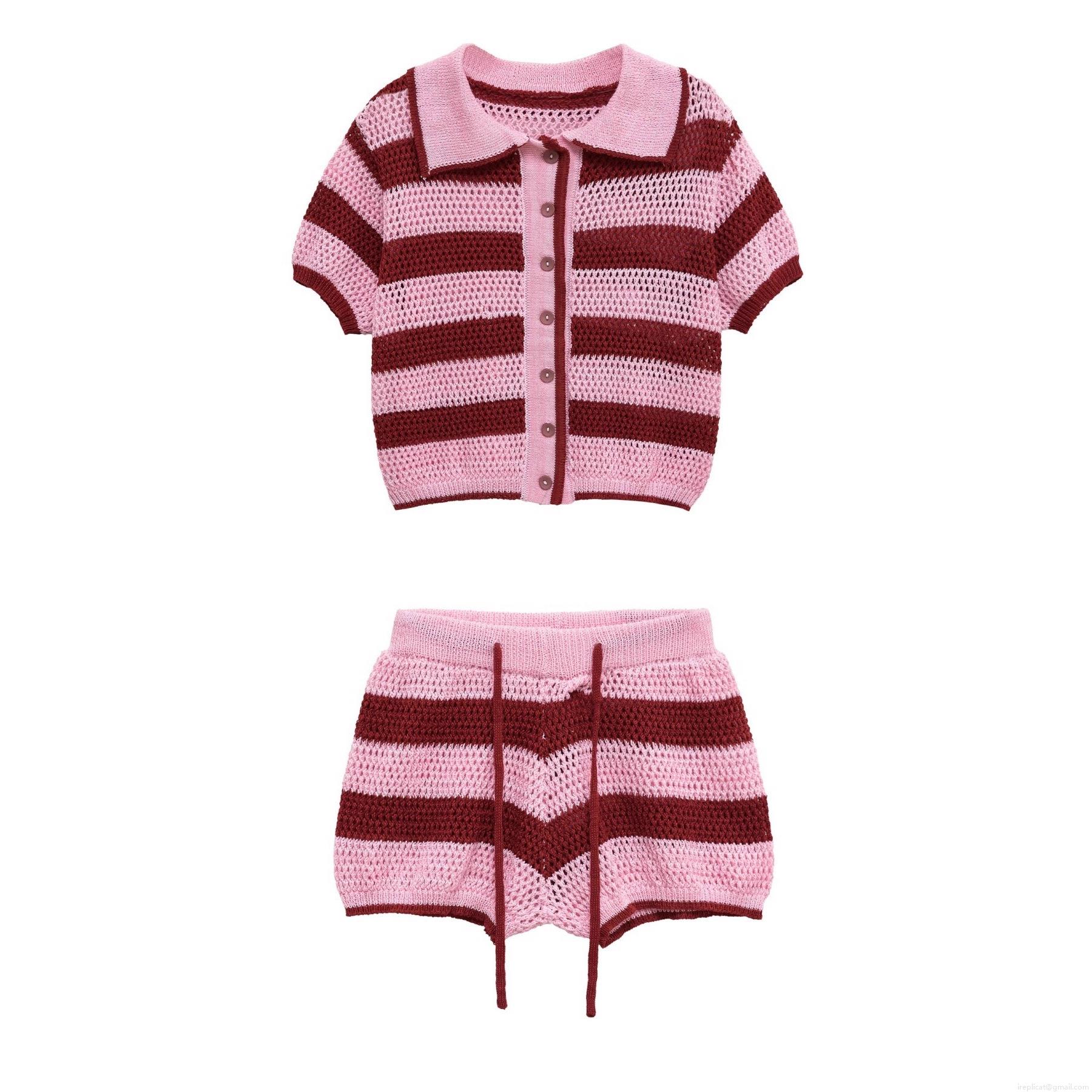 Women Striped Knit Polo Short Sleeve Top And Drawstring Shorts 2 Piece Set Casual Hollow Out Crochet Summer Streetwear Co-ord Outfits Women Striped Knit Polo Short Sleeve Top And Drawstring Shorts 2 Piece Set Casual Hollow Out Crochet Summer Streetwear Co-ord Outfits