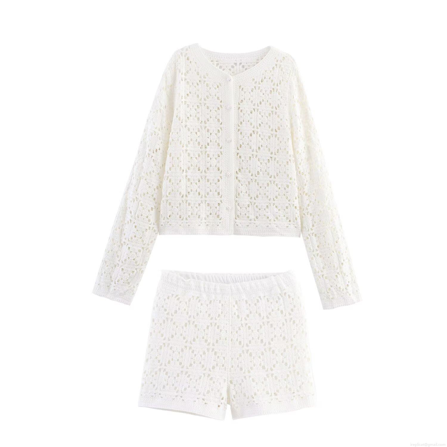 Women's Hollow Out Crochet Knitted Cardigan And Shorts Two-Piece Set 100% Polyester Boho Vacation Outfits Long Sleeve Top Short Pants Suits