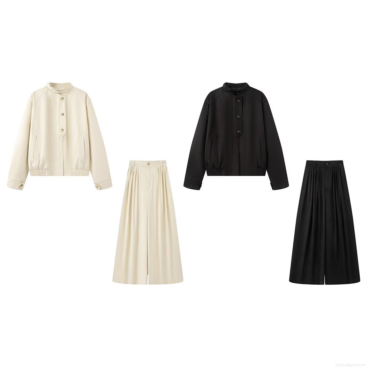 Women's Casual Two Piece Pants Set Stand Collar Button Up Jacket And High Waist Pleated Wide Leg Trousers Outfits Autumn Minimalist Streetwear Jacket Pants Women's Casual Two Piece Pants Set Stand Collar Button Up Jacket And High Waist Pleated Wide Leg Trousers Outfits Autumn Minimalist Streetwear Jacket Pants