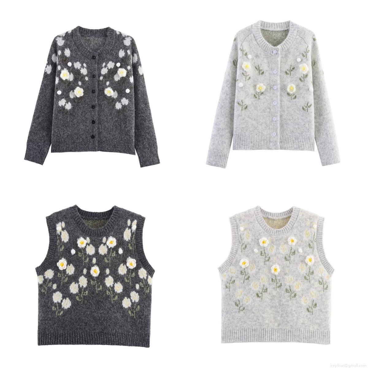 Women's Autumn Knit Cardigan And Vest Two-Piece Set 3D Flower Applique V-Neck Long Sleeve Sweater Sleeveless Knit Waistcoat Streetwear For Ladies Women's Autumn Knit Cardigan And Vest Two-Piece Set 3D Flower Applique V-Neck Long Sleeve Sweater Sleeveless Knit Waistcoat Streetwear For Ladies