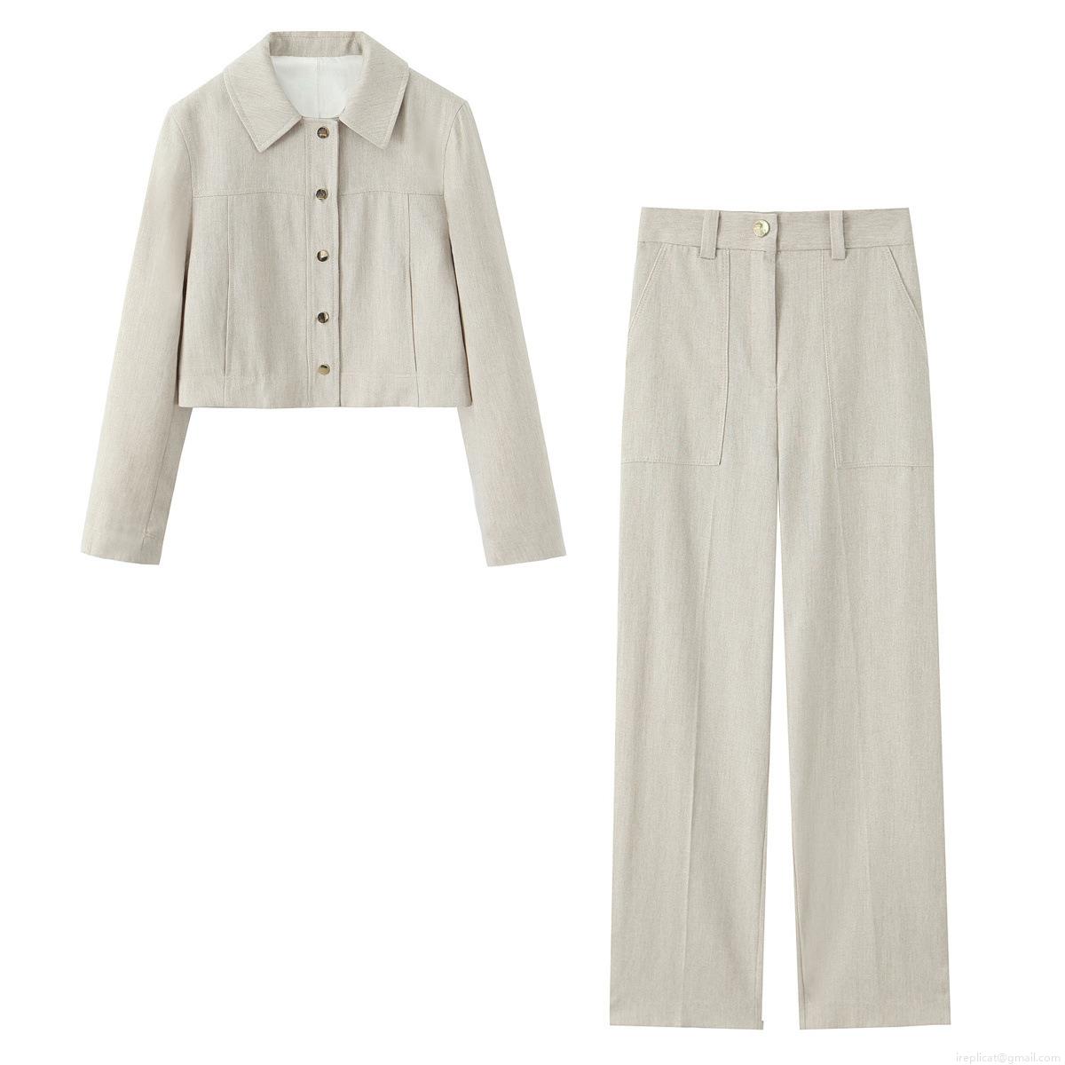 Women's 2 Piece Casual Set Herringbone Lapel Short Jacket And High Waist Wide Leg Pants Set Oatmeal Solid Color Streetwear Outfit For Women Autumn Women's 2 Piece Casual Set Herringbone Lapel Short Jacket And High Waist Wide Leg Pants Set Oatmeal Solid Color Streetwear Outfit For Women Autumn
