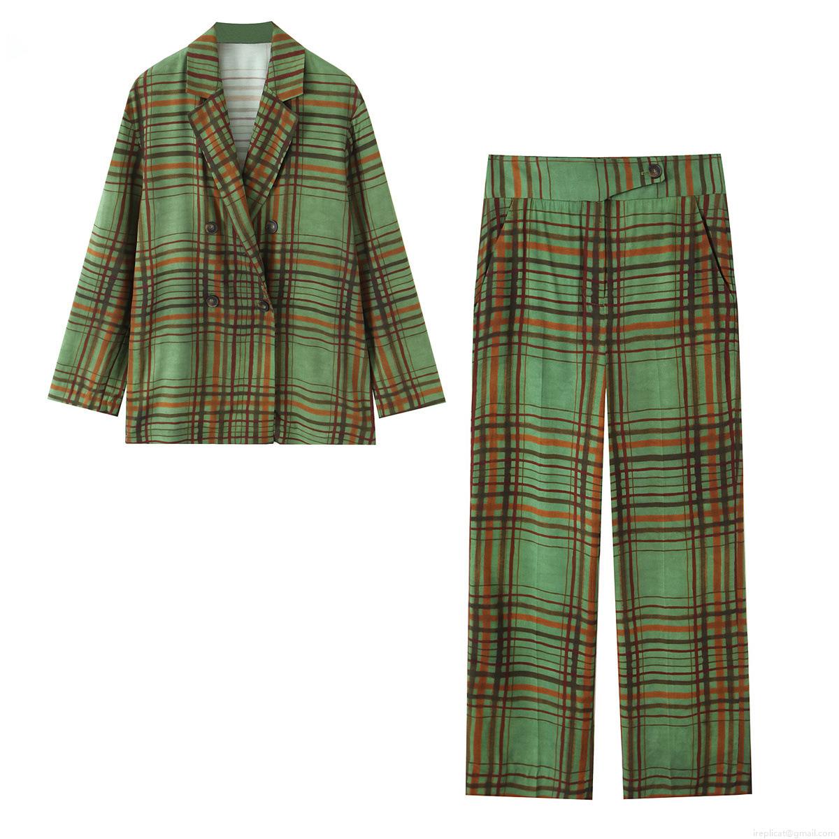 Women Retro Green Plaid Blazer and Pants Set Double Breasted Polyester Casual Suit Office Streetwear Fashion Two Piece Outfits Women Retro Green Plaid Blazer and Pants Set Double Breasted Polyester Casual Suit Office Streetwear Fashion Two Piece Outfits