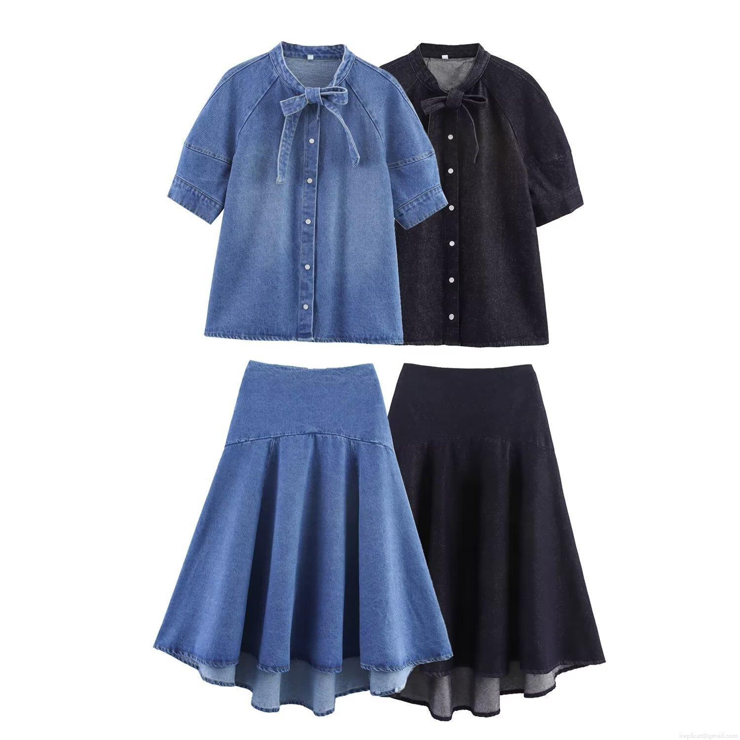 Women Denim Polyester Shirt and Skirt Two Piece Set Bow Tie Neck Short Sleeve Top Irregular Hem Midi Skirt Casual Western Style Outfit Women Denim Polyester Shirt and Skirt Two Piece Set Bow Tie Neck Short Sleeve Top Irregular Hem Midi Skirt Casual Western Style Outfit