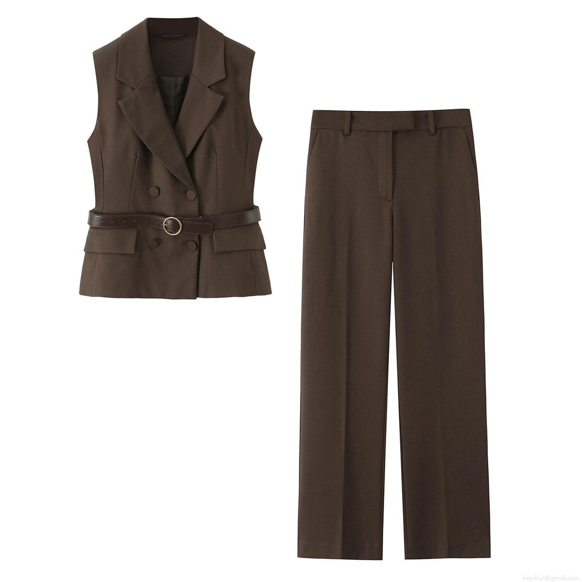 Women's 2-Piece Business Casual Vest And Pants Set Belted Double Breasted Waistcoat Solid Dark Brown Straight Leg Trousers Office Commute Outfit Women's 2-Piece Business Casual Vest And Pants Set Belted Double Breasted Waistcoat Solid Dark Brown Straight Leg Trousers Office Commute Outfit