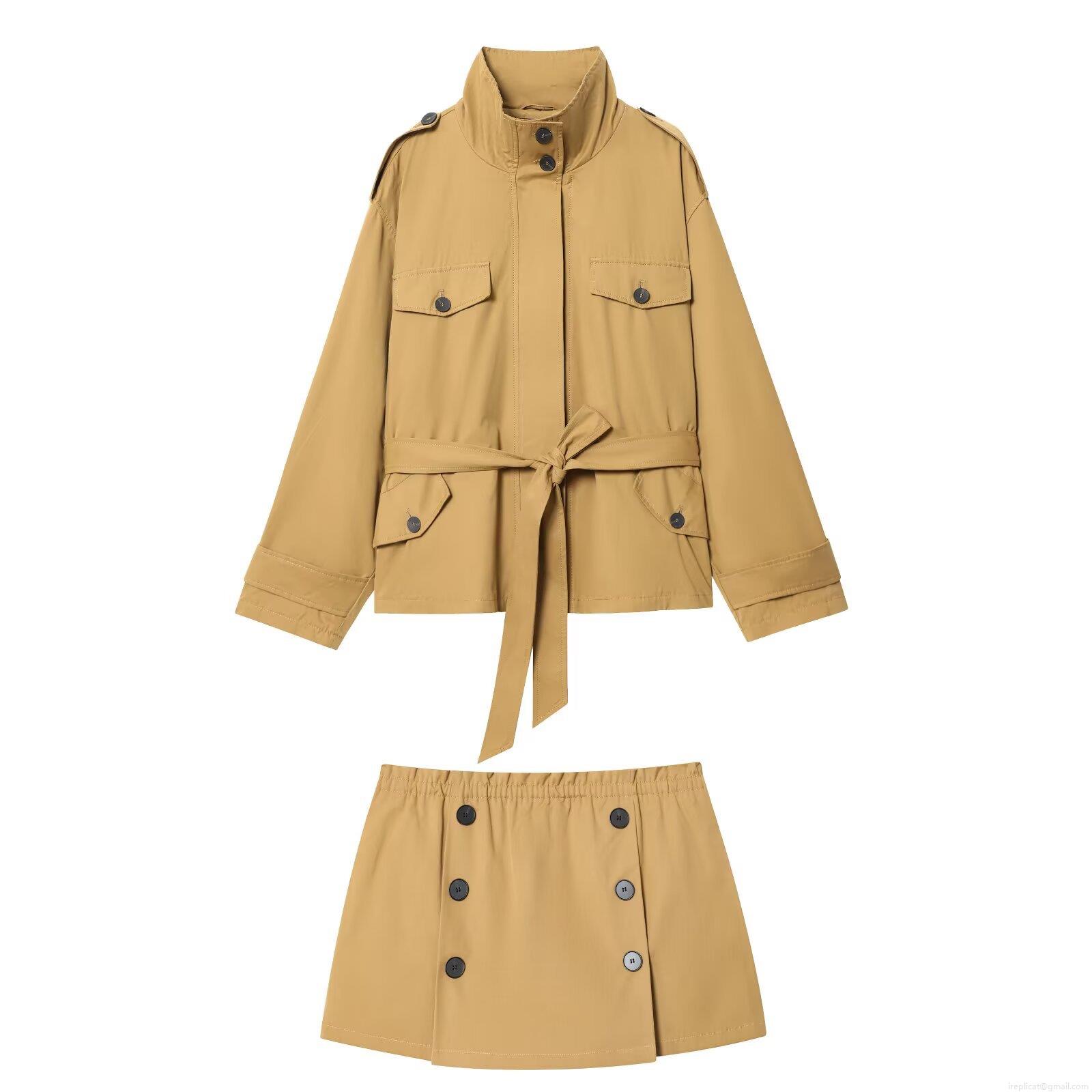 Women Fall Streetwear Polyester Short Trench Coat And Skort Set With Waist Belt Utility Multi-Pocket Khaki Two Piece Outfit Women Fall Streetwear Polyester Short Trench Coat And Skort Set With Waist Belt Utility Multi-Pocket Khaki Two Piece Outfit