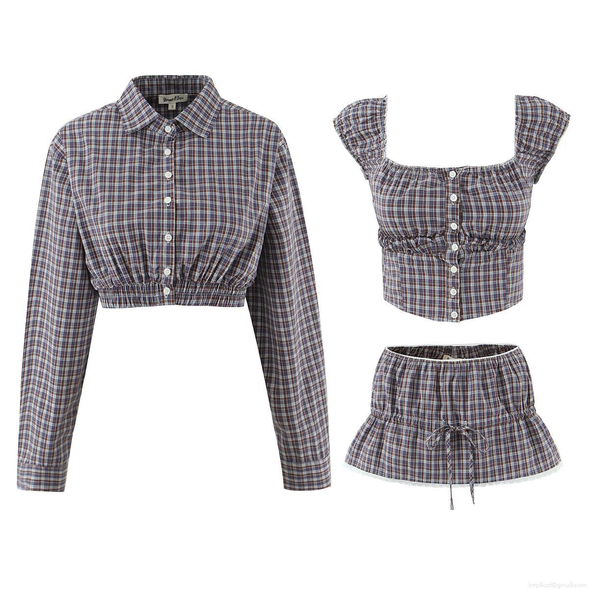 Women Vintage Plaid 3-Piece Set Polyester Long Sleeve Polo Jacket Square Neck Crop Top And Lace Hem Mini Skirt Streetwear Casual Autumn Outfits Women Vintage Plaid 3-Piece Set Polyester Long Sleeve Polo Jacket Square Neck Crop Top And Lace Hem Mini Skirt Streetwear Casual Autumn Outfits