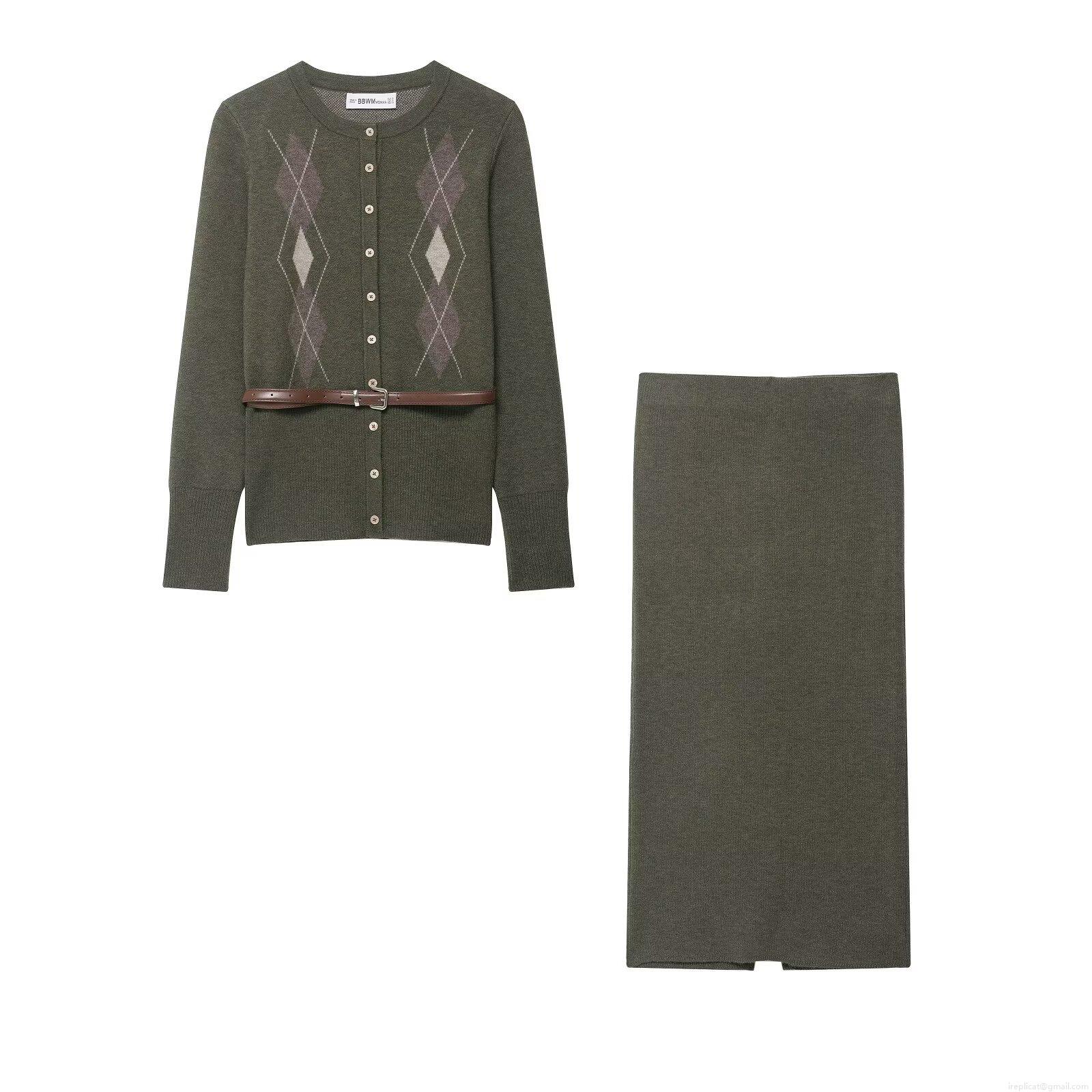 Women's Autumn Argyle Knit Set Long Sleeve Button Up Cardigan With Brown Belt And Slit Knit Midi Skirt Two Piece Outfits Casual European Streetwear Outfits Women's Autumn Argyle Knit Set Long Sleeve Button Up Cardigan With Brown Belt And Slit Knit Midi Skirt Two Piece Outfits Casual European Streetwear Outfits