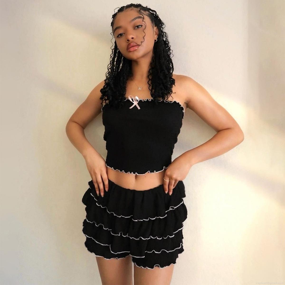 Women Sexy Black Two-Piece Skirt Set Pleated Tube Top And Ruffle Mini Skirt With Pink Bow Detail Summer Vacation Y2K Style Co-ord Outfits Women Sexy Black Two-Piece Skirt Set Pleated Tube Top And Ruffle Mini Skirt With Pink Bow Detail Summer Vacation Y2K Style Co-ord Outfits